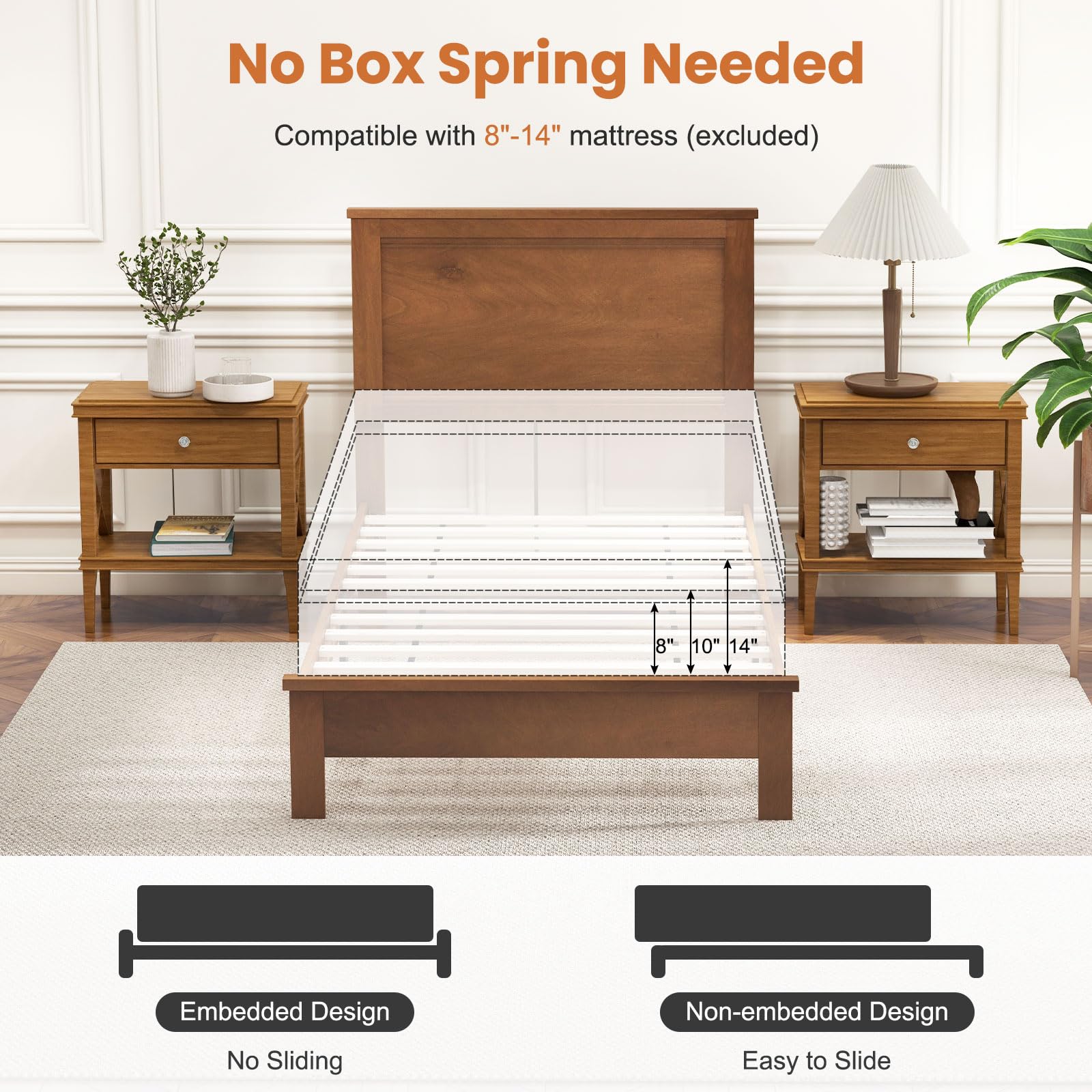 Wood Platform Bed Frame with Headboard, Mid Century Platform Bed Frame with Solid Wood Legs & Wooden Slat Support