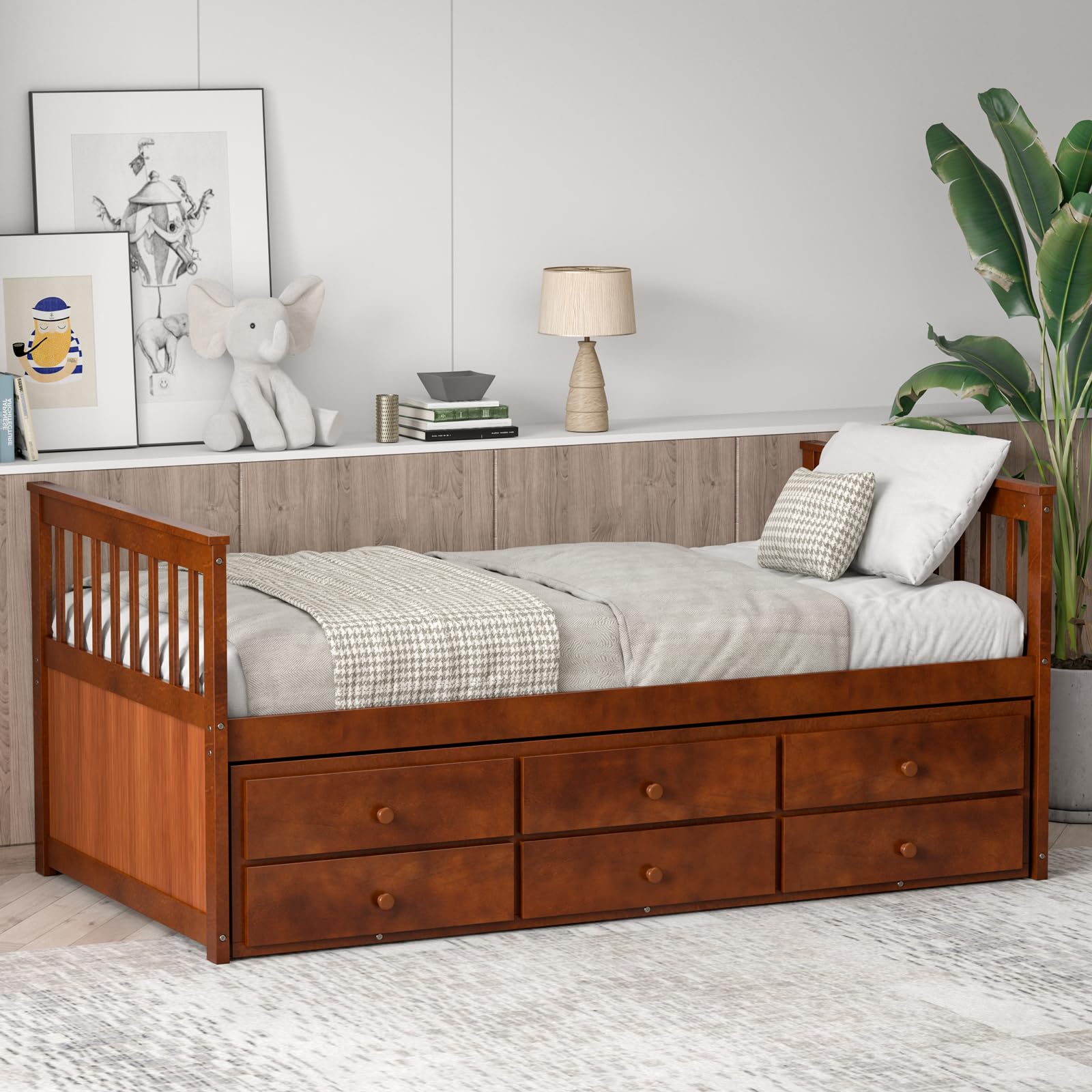 Twin Size Wooden Captain Daybed with Trundle and 3 Storage Drawers