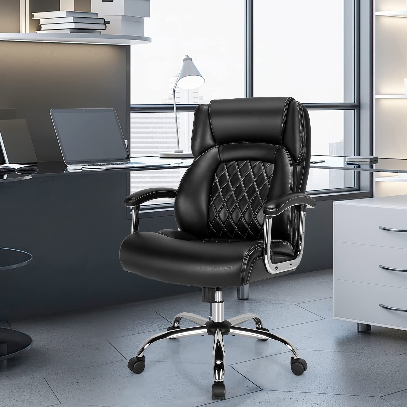 500LBS Big and Tall Office Chair, Wide Seat Large Leather Executive Chair with Heavy Duty Metal Base