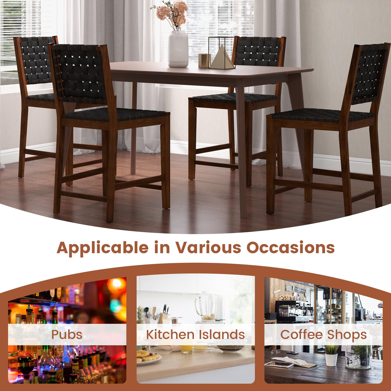 24" Counter Height Bar Stools Set of 2/4, Solid Wood Woven Rustic Barstools w/Faux PU Leather Straps