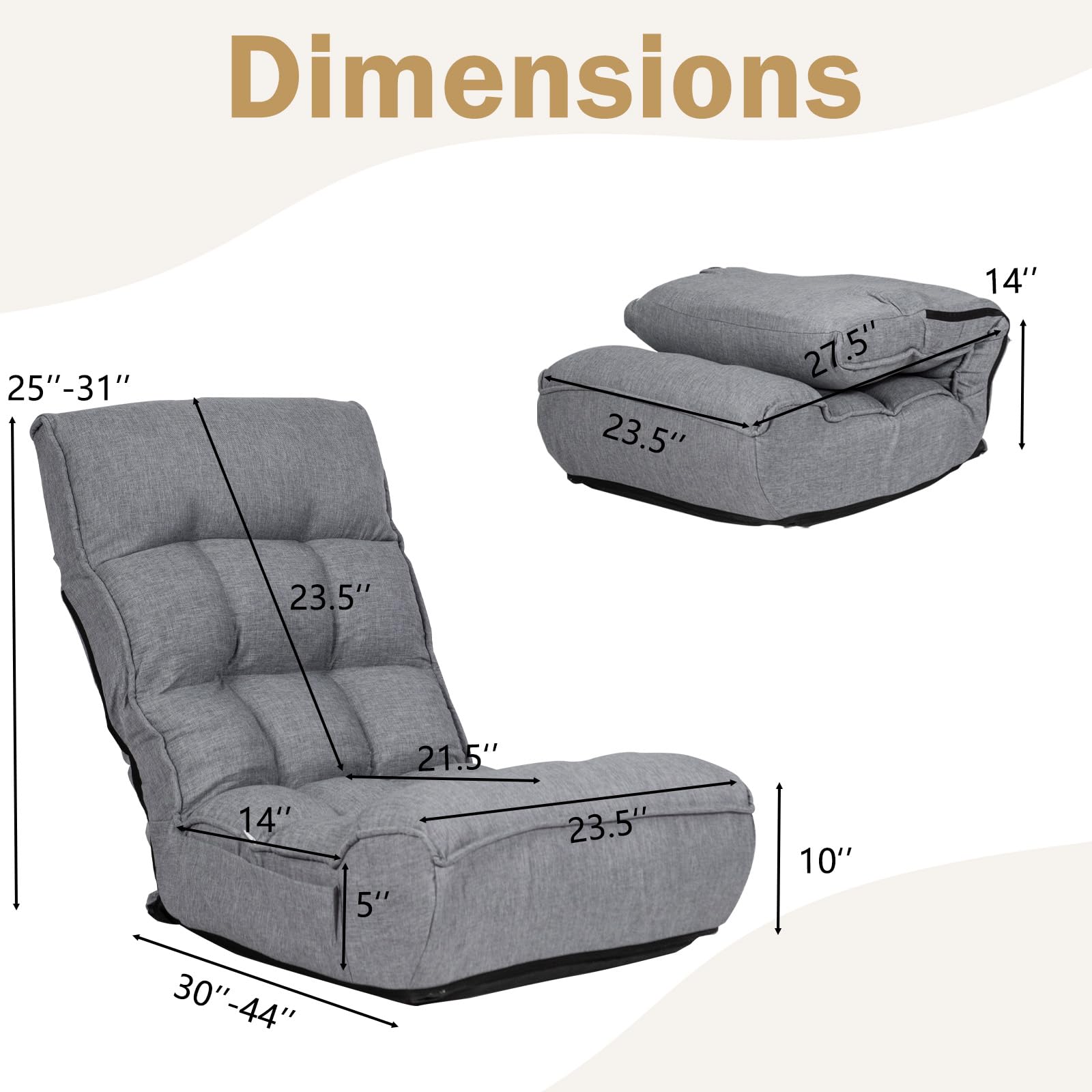 Folding Floor Gaming Chair with 4-Position Adjustable Back, 6-Position Adjustable Headrest, Side Pocket