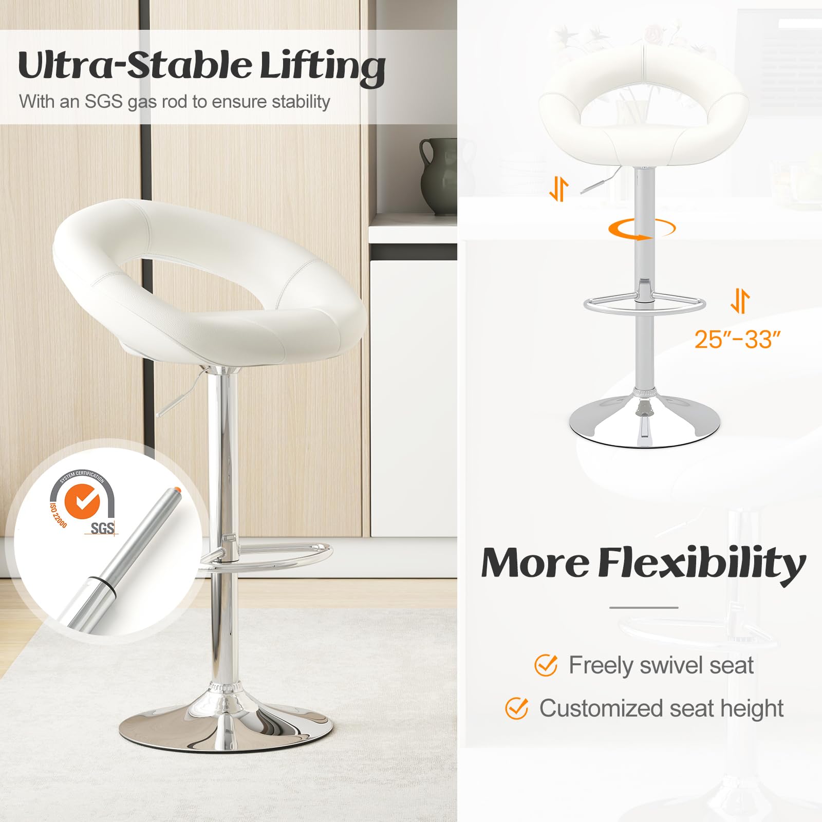 Adjustable Swivel Bar Stools Set of 2/4, Modern PU Leather Counter Height Bar Chairs w/Hollowed Back, Footrest, Metal Base