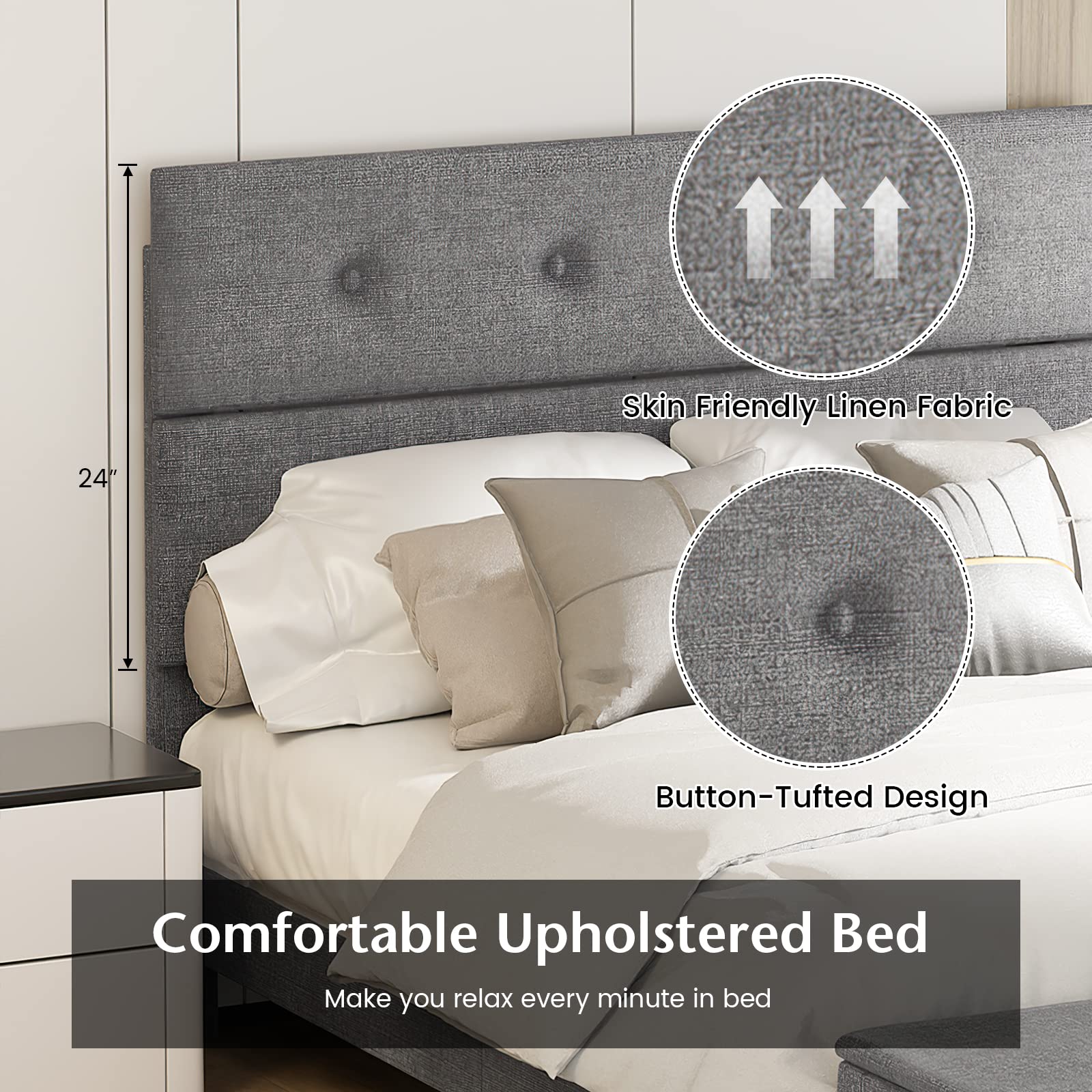 Full/Queen Size Upholstered Bed Frame with Ottoman Storage