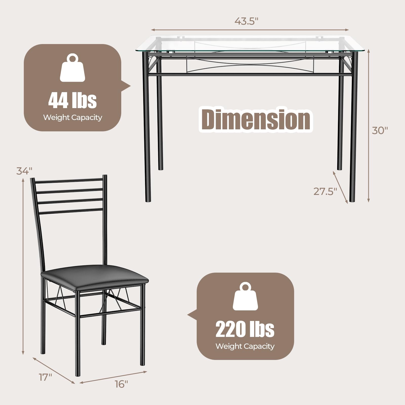 5 Piece Dining Table Set with Tempered Glass Table Top and 4 Upholstered Chairs