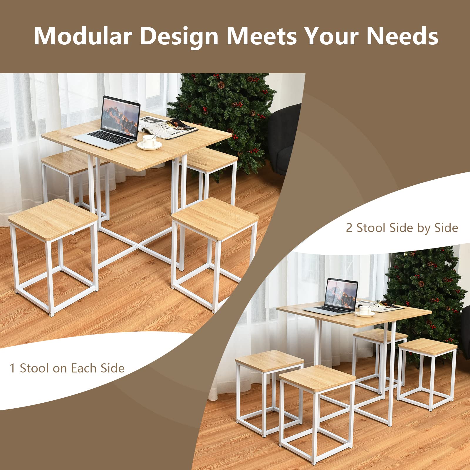 5 Piece Dining Table Set, Counter Kitchen Table and Chair Set for 4 Includes 1 Square Table and 4 Stools