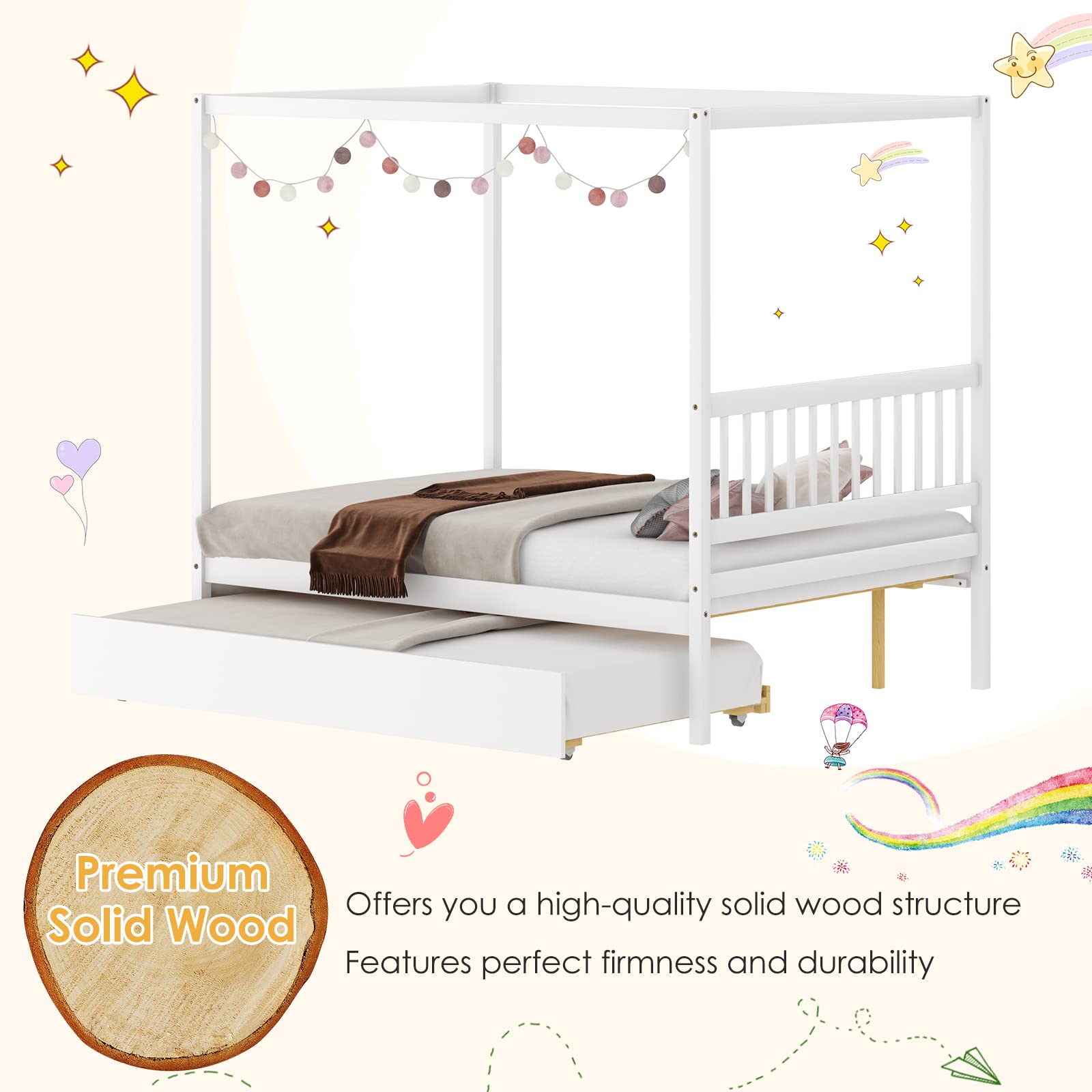 Wood Canopy Bunk Bed with Trundle, Full Size Solid Wood Platform Bed with Headboard