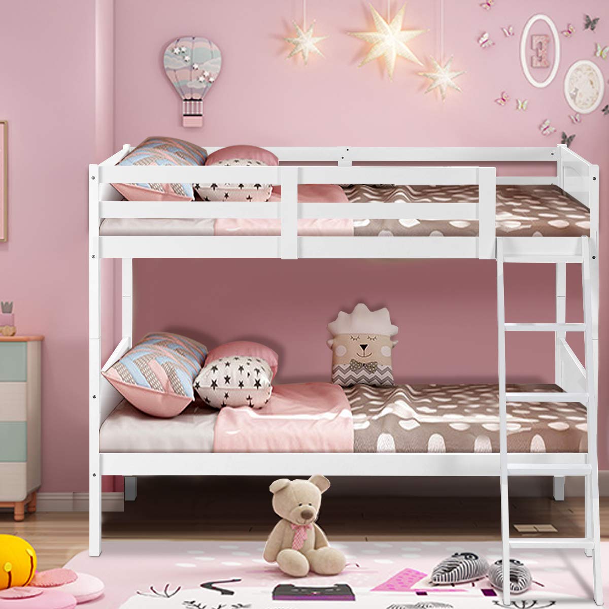 Wood Twin Over Twin Bunk Beds, Convertible 2 Individual Twin Beds for Kids Children