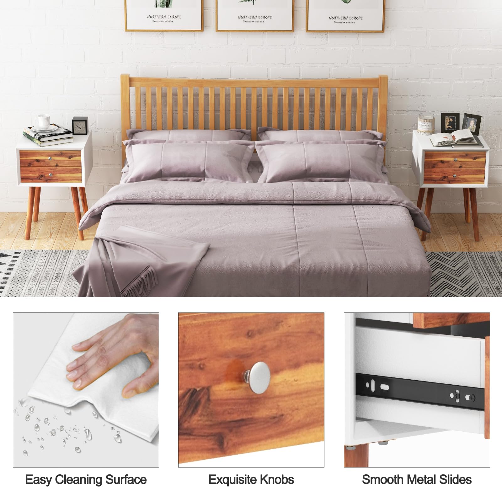 2-Drawer Nightstand, Mid-Century Modern Bed Side Table with Storage