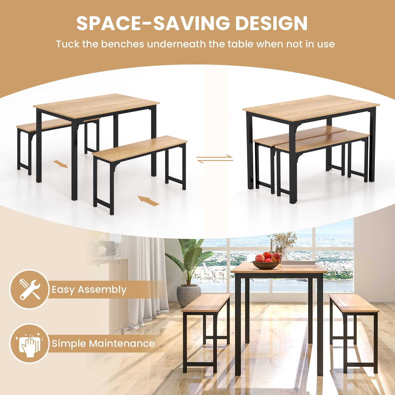 Dining Table Set with 2 Benches, Industrial Kitchen Table & Chairs with Metal Frame