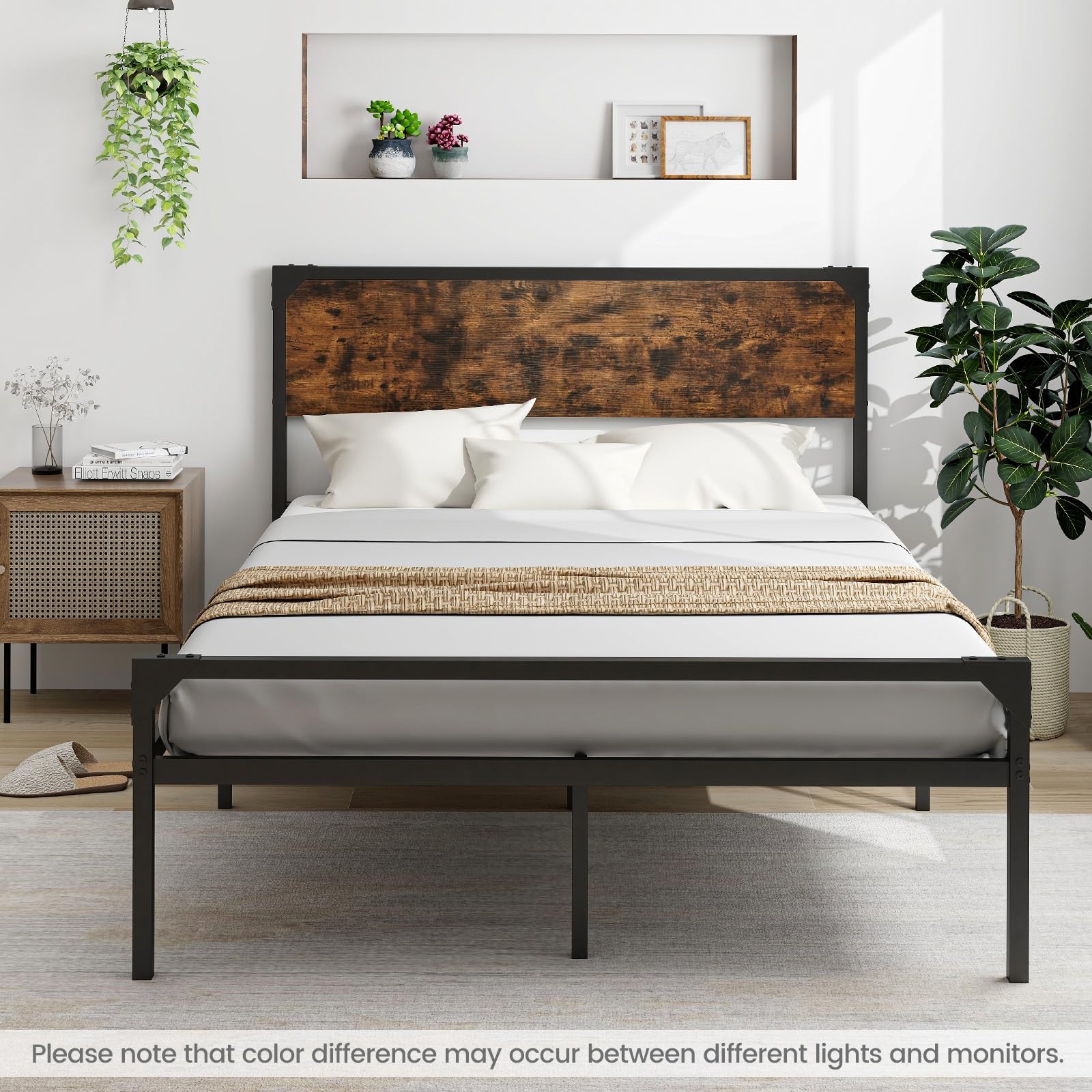 Full/ Queen Size Metal Bed Frame with Wood Headboard