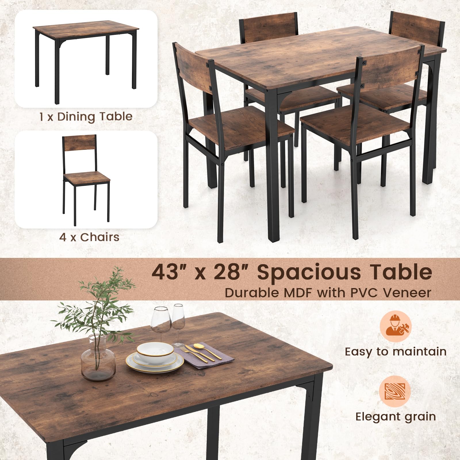 5-Piece Dining Table Set, Industrial Kitchen Table and Chairs for 4 with Backrest and Metal Frame