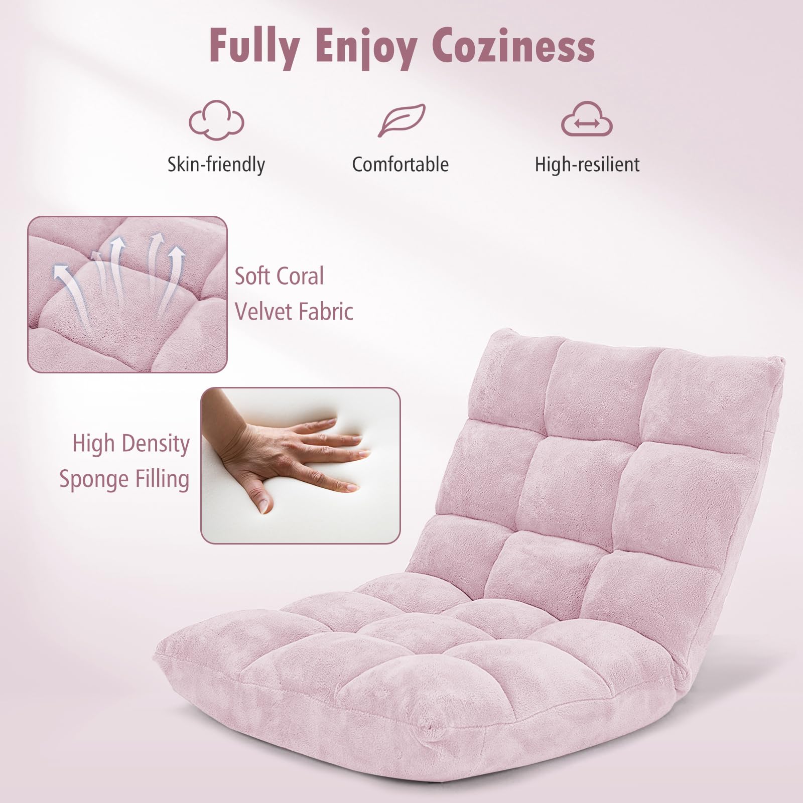Floor Chairs for Adults - Floor Gaming Chair with Back Support, Coral Velvet, 14 Adjustable Position