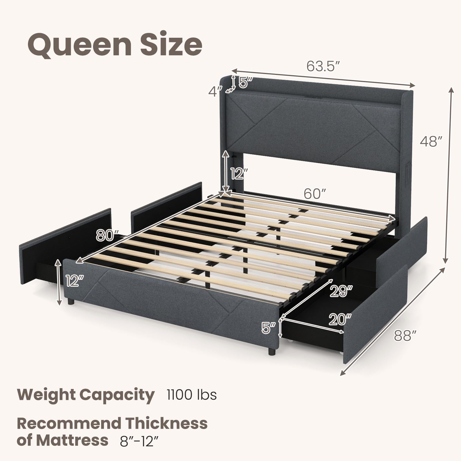 Upholstered Bed Frame with 4 Storage Drawers & LED Lights, Wingback Headboard & Charging Station