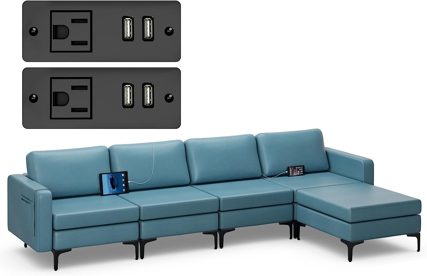 4 Seat Convertible L-Shaped Sofa Couch, 123 Inch Sectional Sleeper with 2 USB Ports Socket