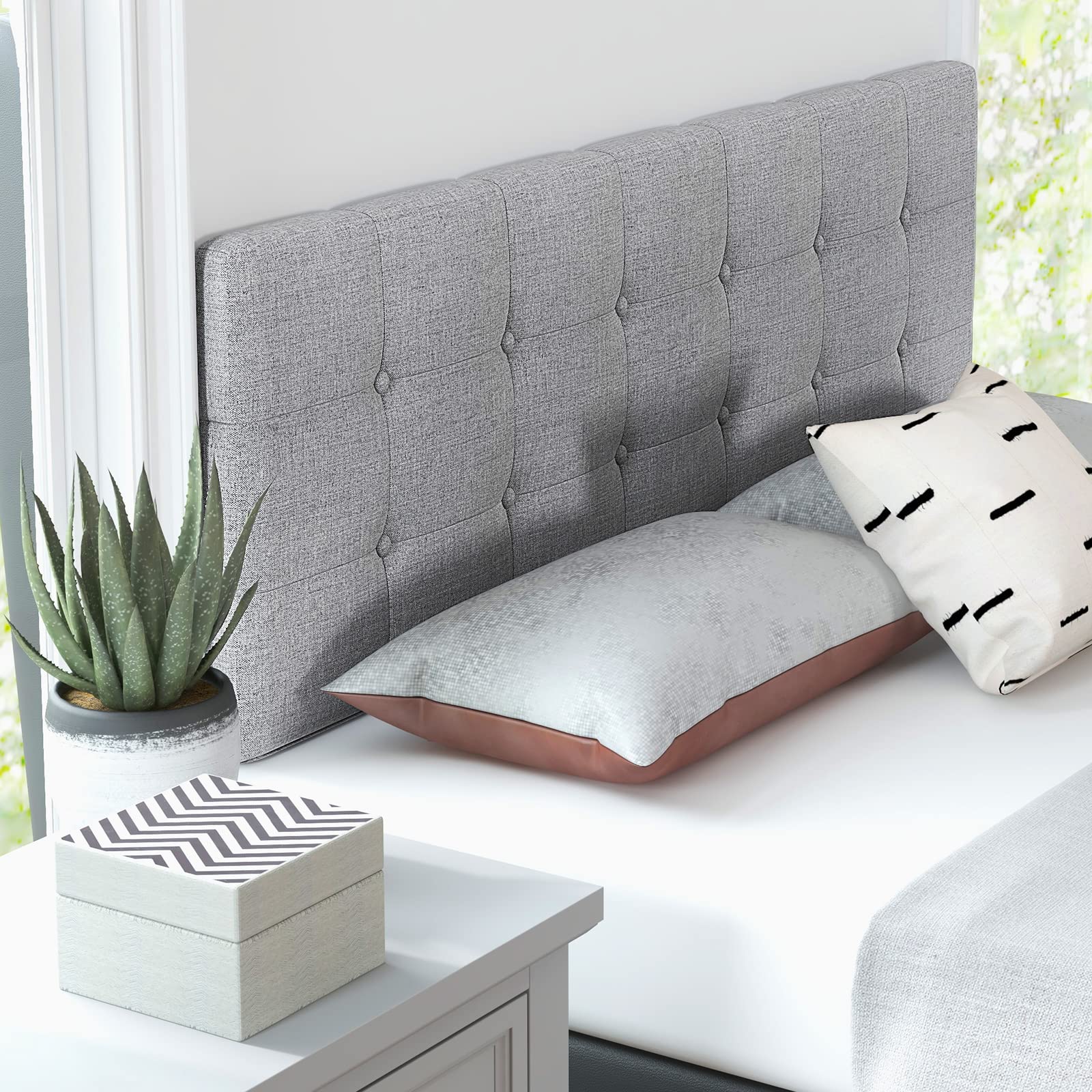 Linen Upholstered Headboard, Modern Tufted Button Bed Headboard with Solid Rubber Wood Legs