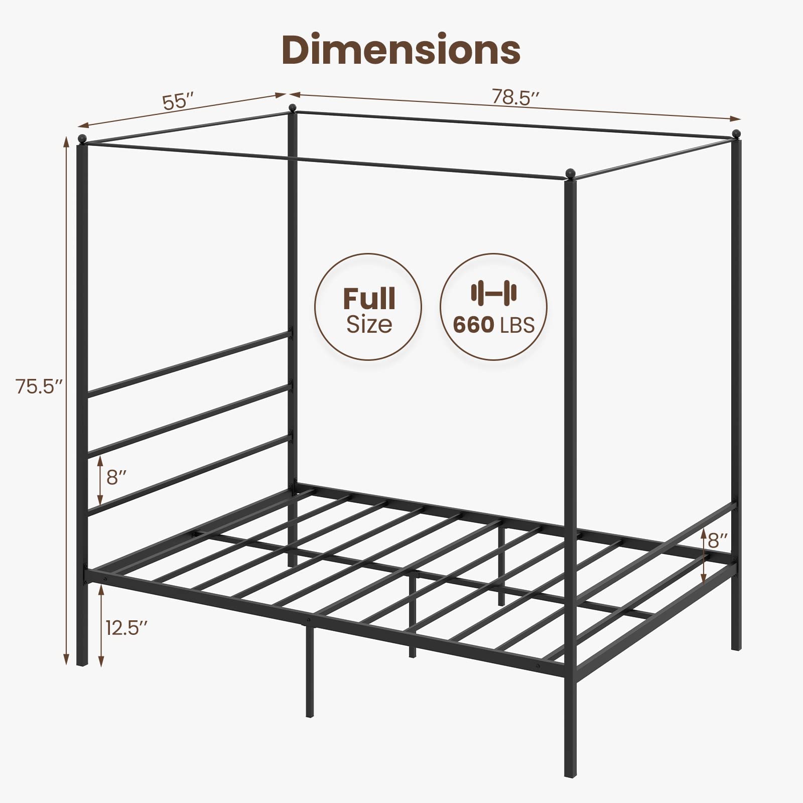 Metal Canopy Bunk Bed, Modern 4 Poster Canopied Platform Bed with Headboard