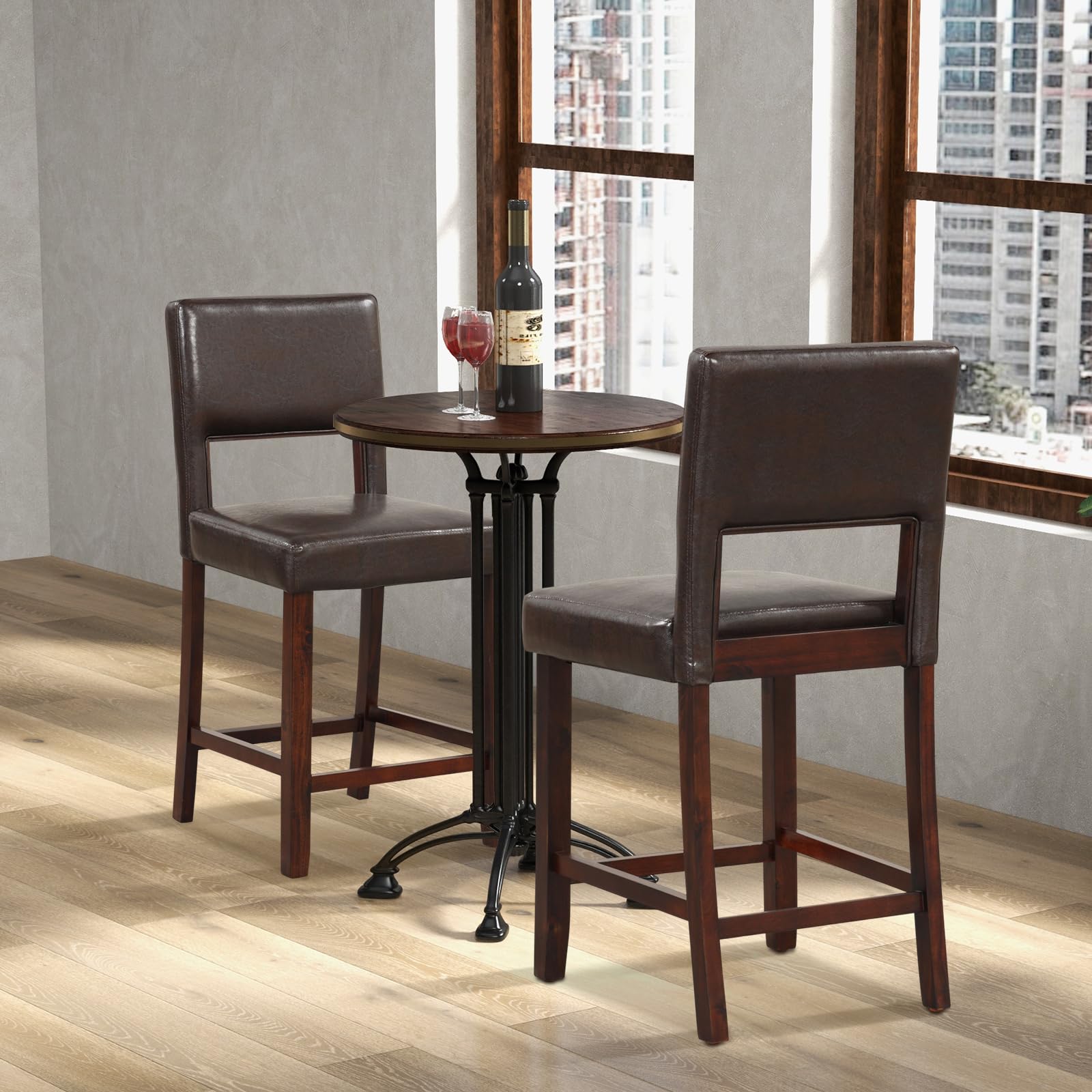 24.5" Counter Height Bar Stools Set of 2, Linen Barstools with Back, Rubber Wood Legs
