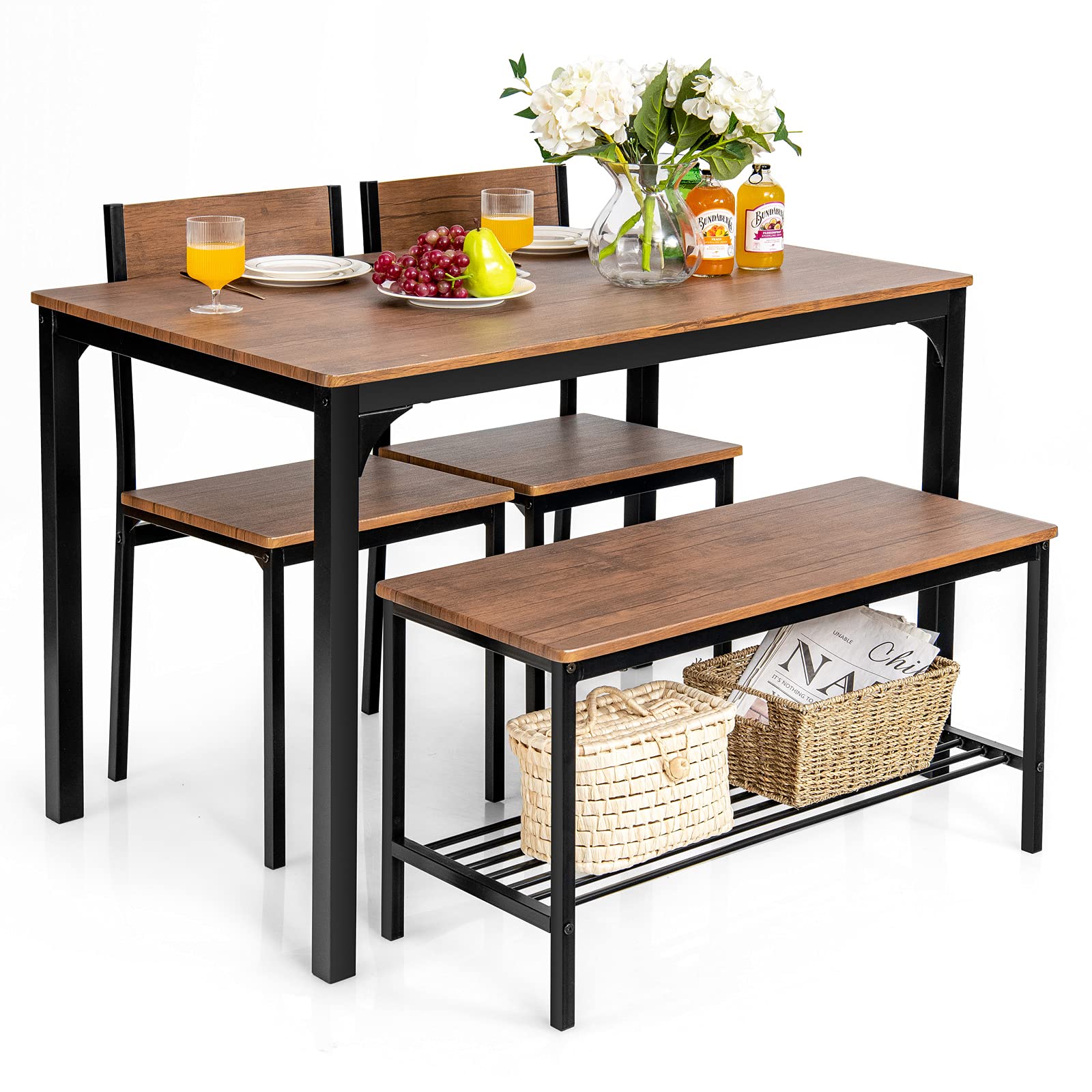 Dining Table Set for 4, Industrial Gathering Bench Dining Set W/Metal Frame & Storage Rack