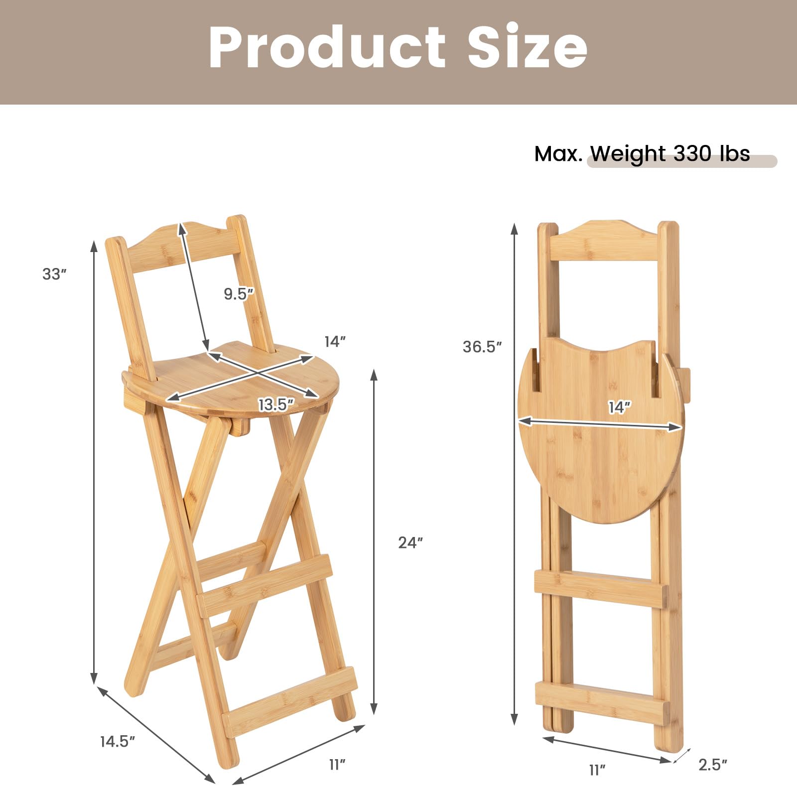 Folding Bamboo Bar Stools Set of 2/4, 24-inch Kitchen Counter Height Stools with Backrest and Footrest