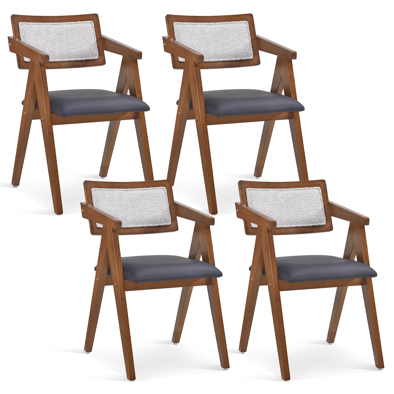 Wooden Dining Chairs Set of 2/4, Mid Century Upholstered Kitchen Chairs w/Leathaire Seat Cushions & Sherpa Backrests