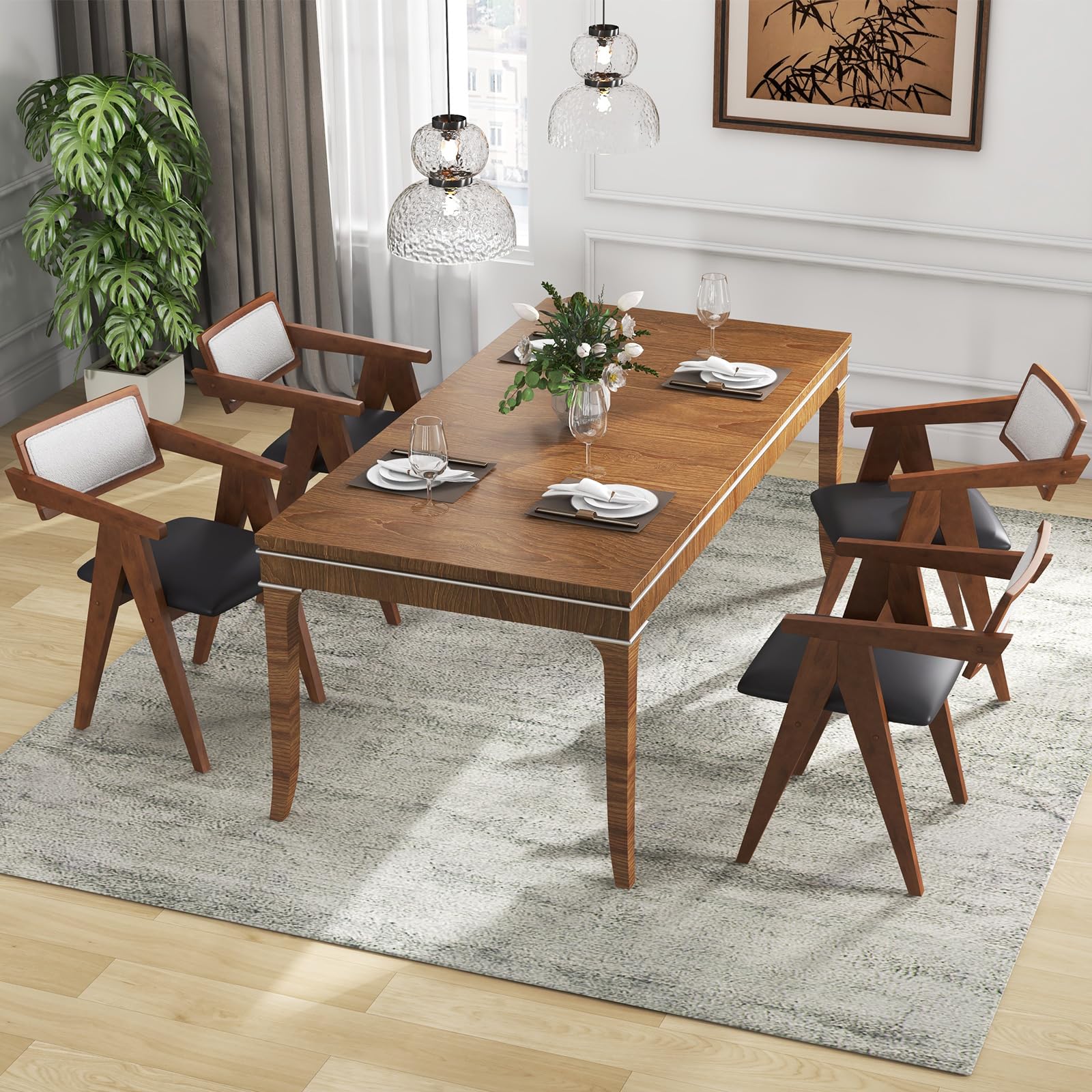Wooden Dining Chairs Set of 2/4, Mid Century Upholstered Kitchen Chairs w/Leathaire Seat Cushions & Sherpa Backrests