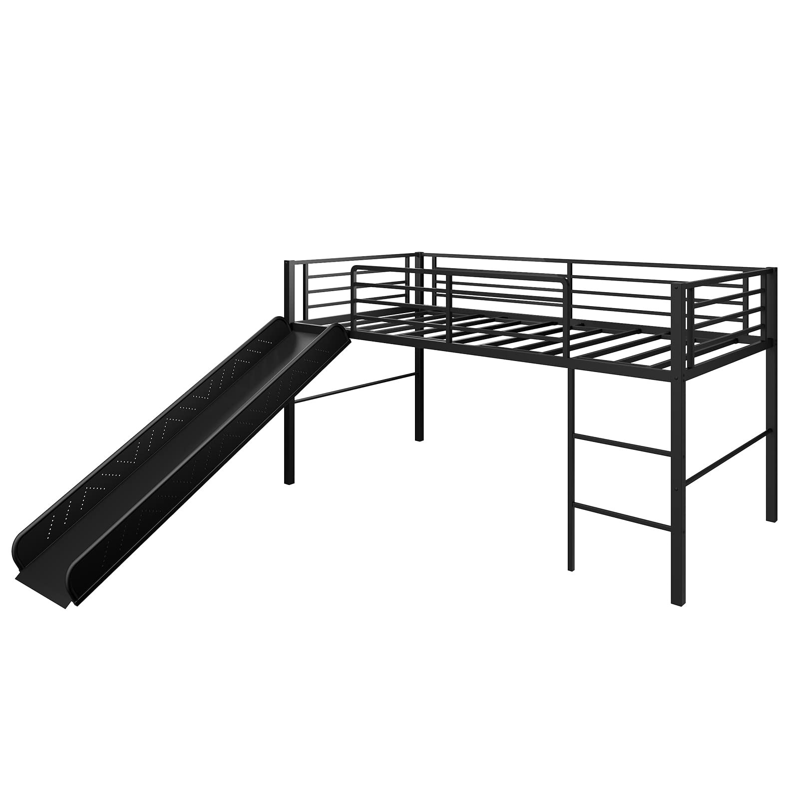 Twin Metal Low Loft Bed with Slide, Safety Guardrails & Built-in Ladder