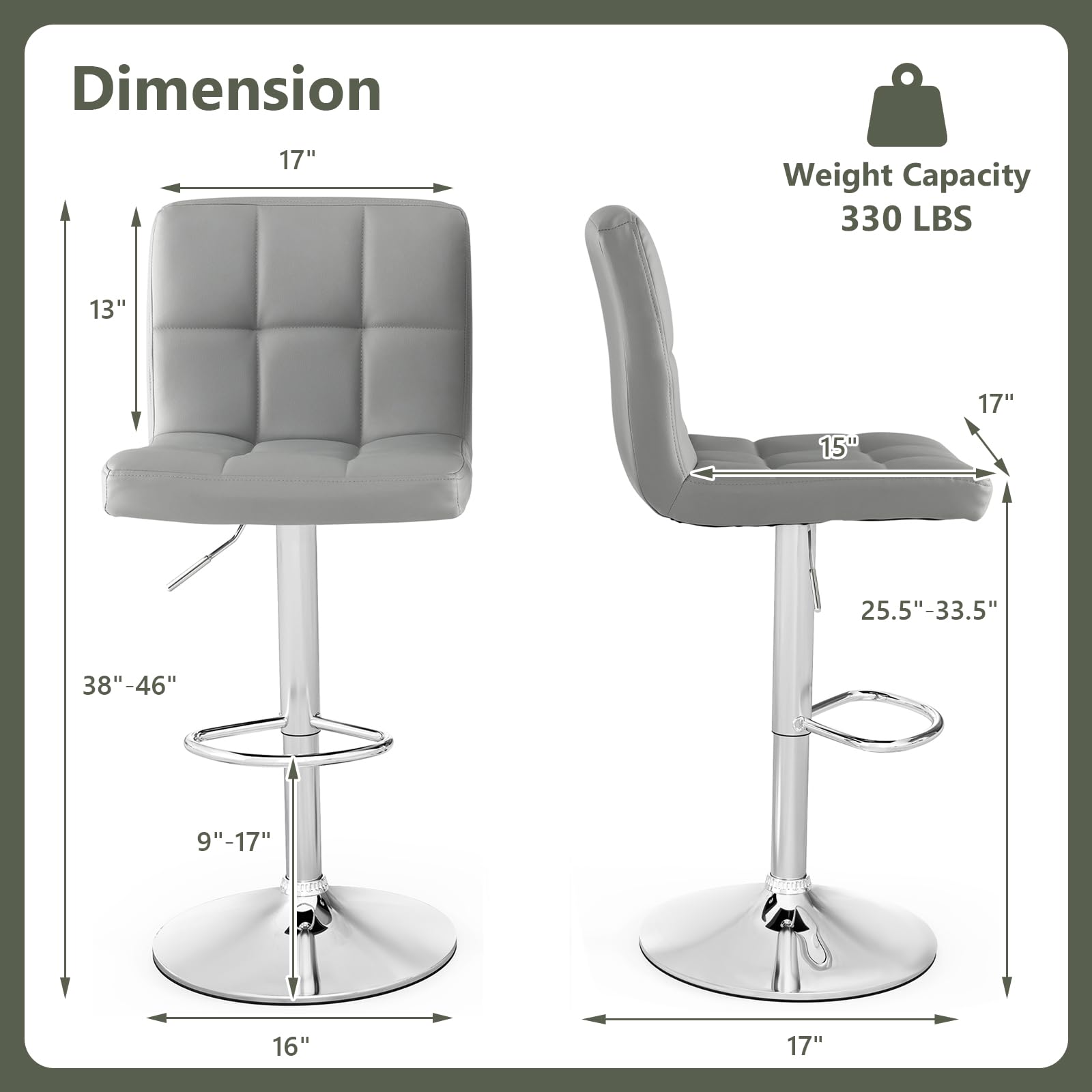 Modern PU Leather Height Adjustable Bar Stools  Set of 1/2 with Back, Footrest, Metal Base