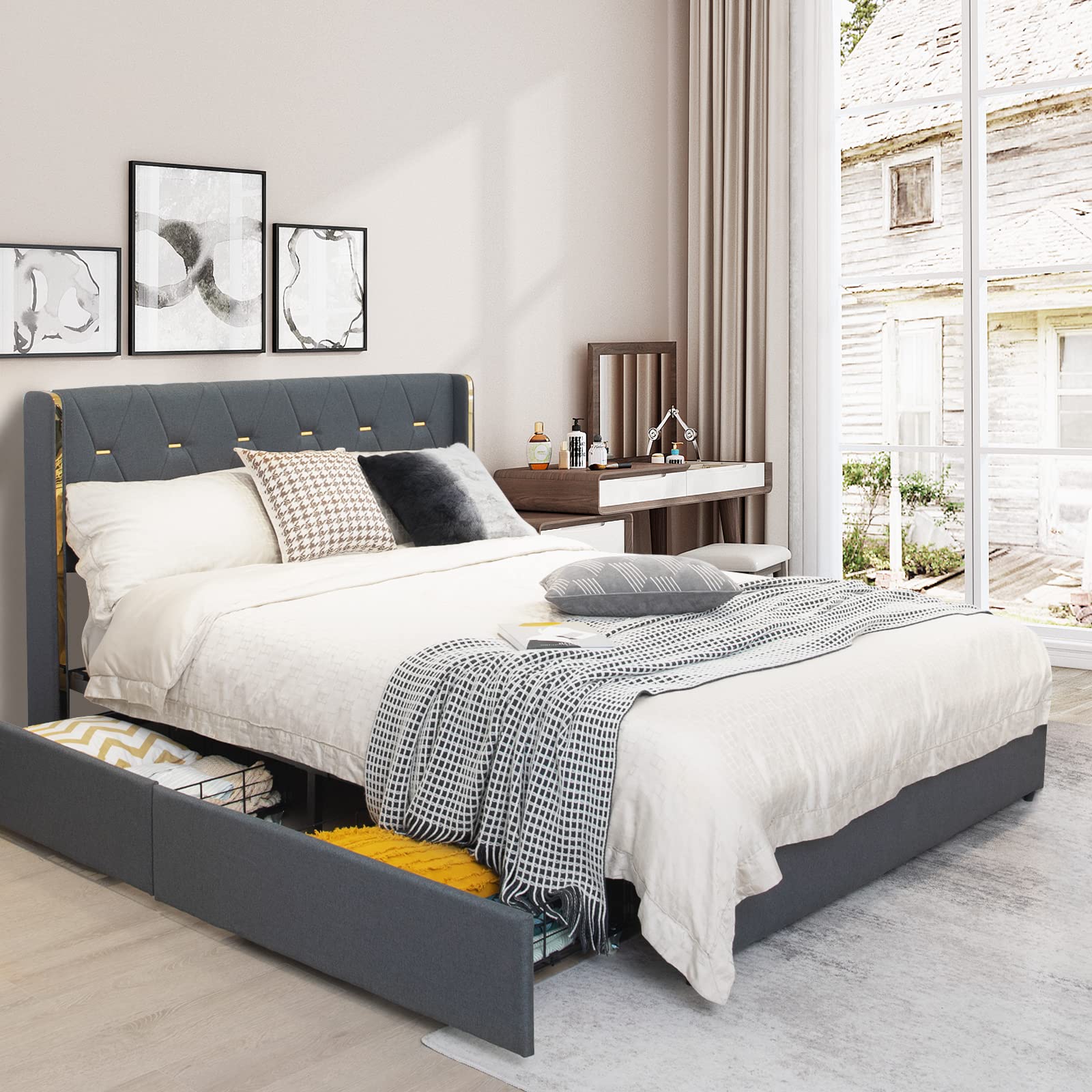 Full/Queen Upholstered Bed Frame with 4 Rolling Storage Drawers, Space Saving PU Leather Bed Frame