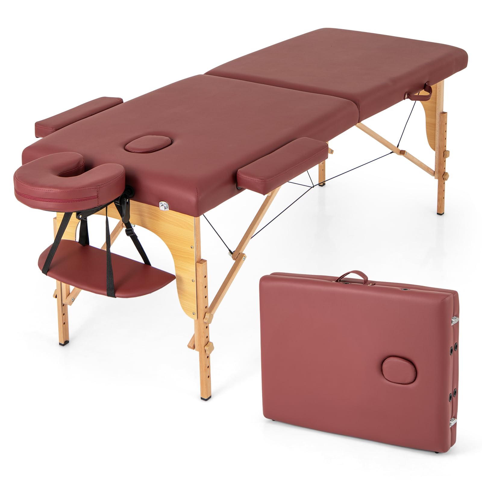 Portable Massage Bed w/Carrying Case, 2-Section Salon Spa Facial Care Tattoo Bed, Height Adjustable