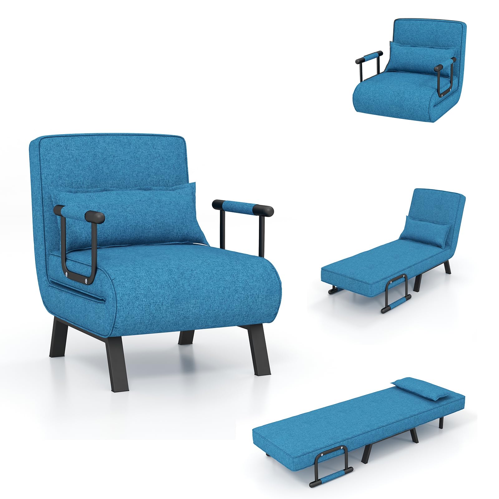 Convertible Upholstered Sleeper Chair Bed with Pillow, 4-in-1 Folding Sofa Bed with 6-Position Adjustable Backrest