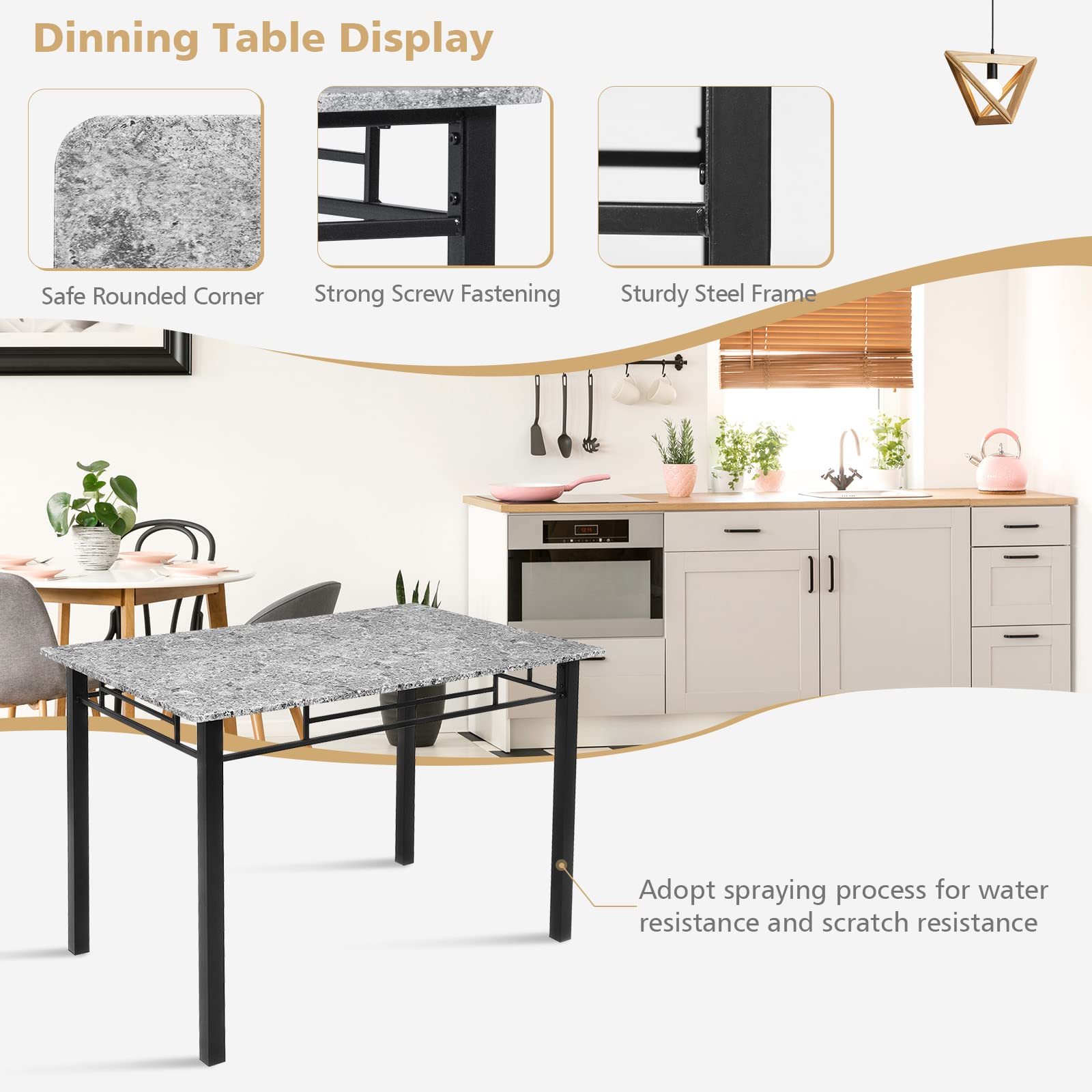 5 Piece Dining Table Set, Modern Rectangular Dining Table & Upholstered Chair Set w/Marble Tabletop