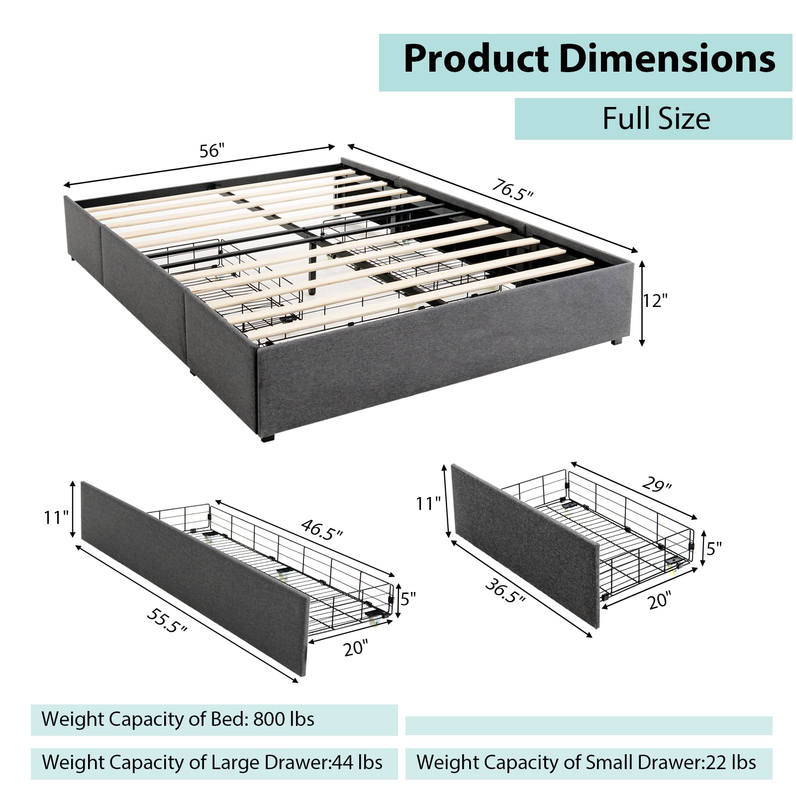  Full Size Bed Frame with 3 Drawers, Fabric Upholstered Platform Bed