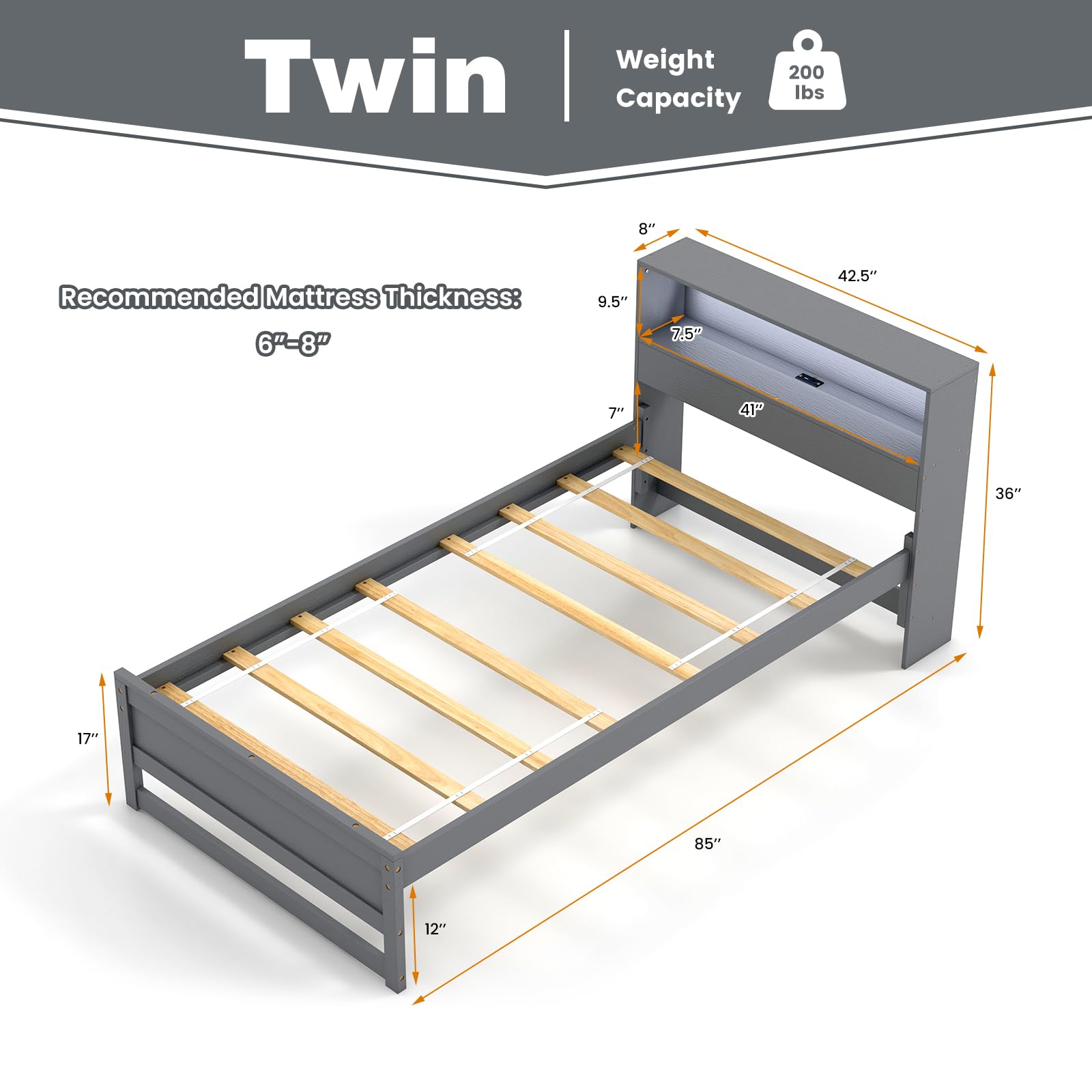 Twin Size Wood Platform Bed Frame with Charging Station & LED Light