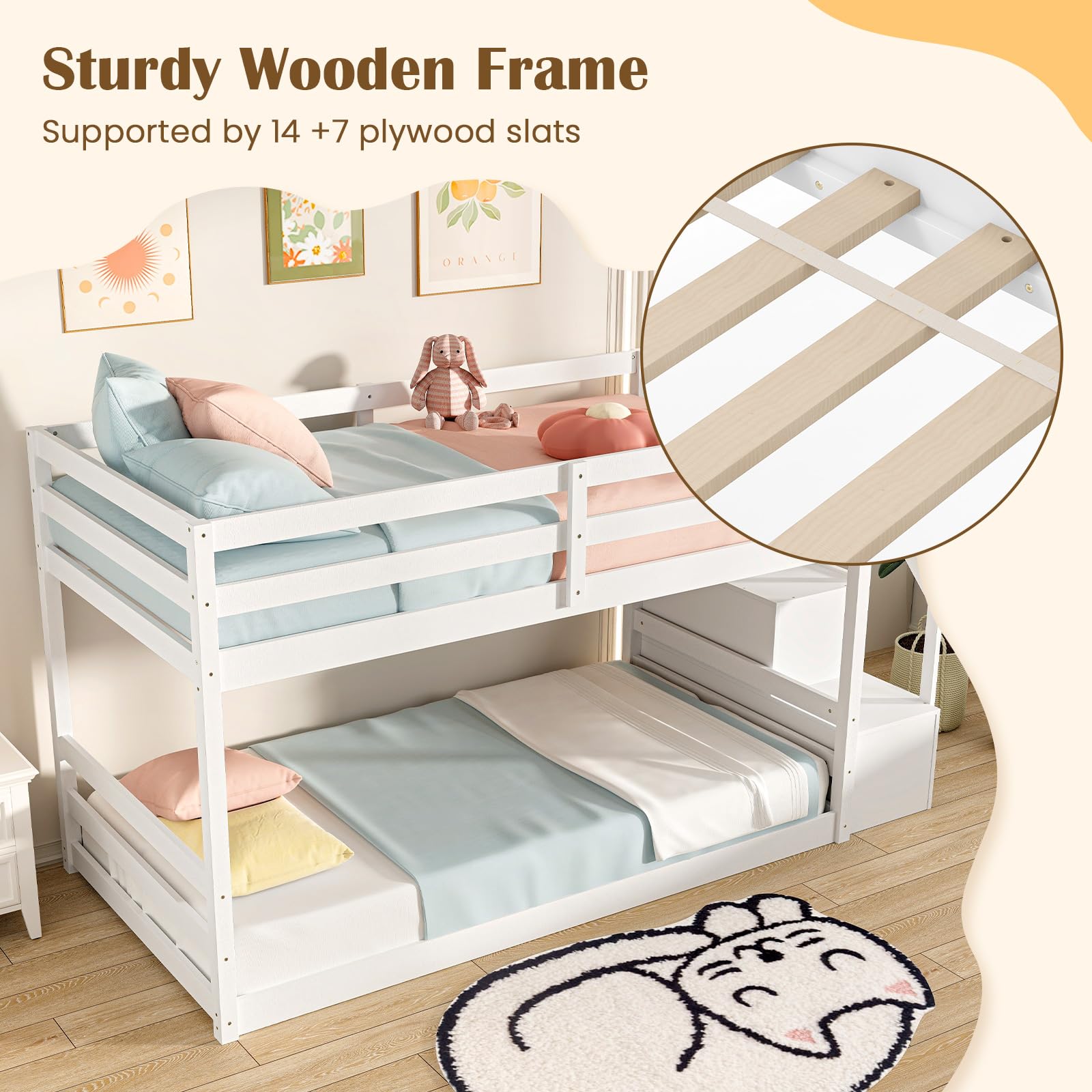 Bunk Bed with Stairs, Solid Wood Floor Bunk Bed with Storage Staircase & Full-Length Guardrails