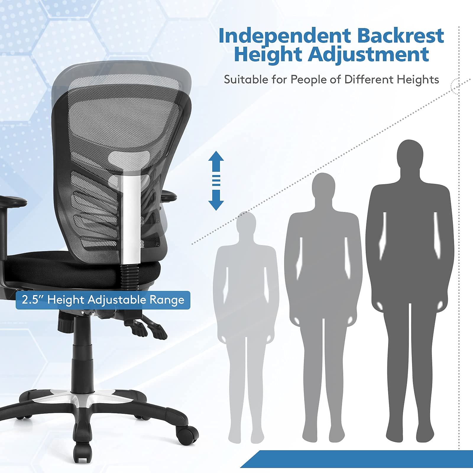 Mid-Back Managers Mesh Office Chair with Height Adjustable Backrest & Armrest, Seat Tilt Adjustment
