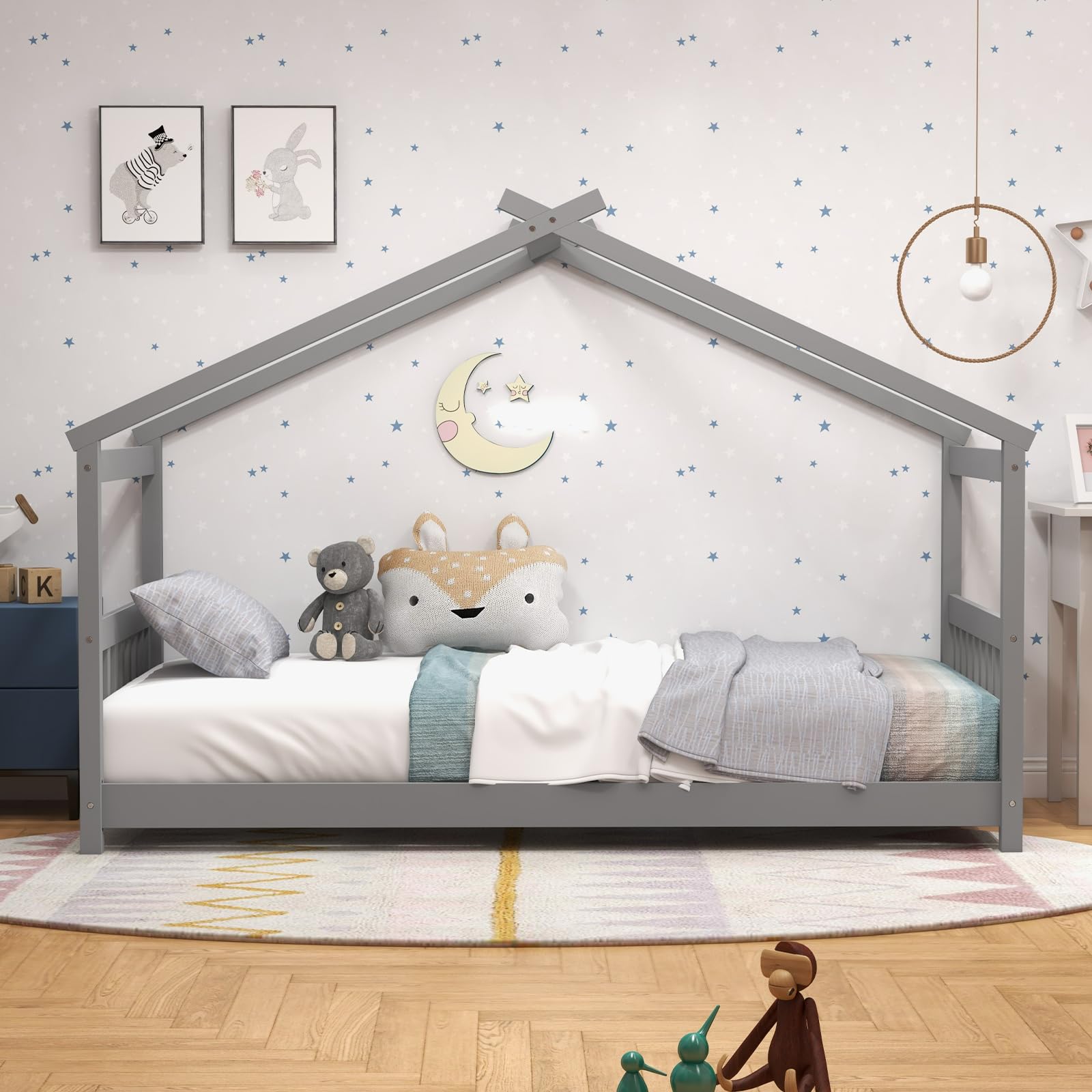 Twin Wood Kids House Bed with Roof, Headboard and Footboard