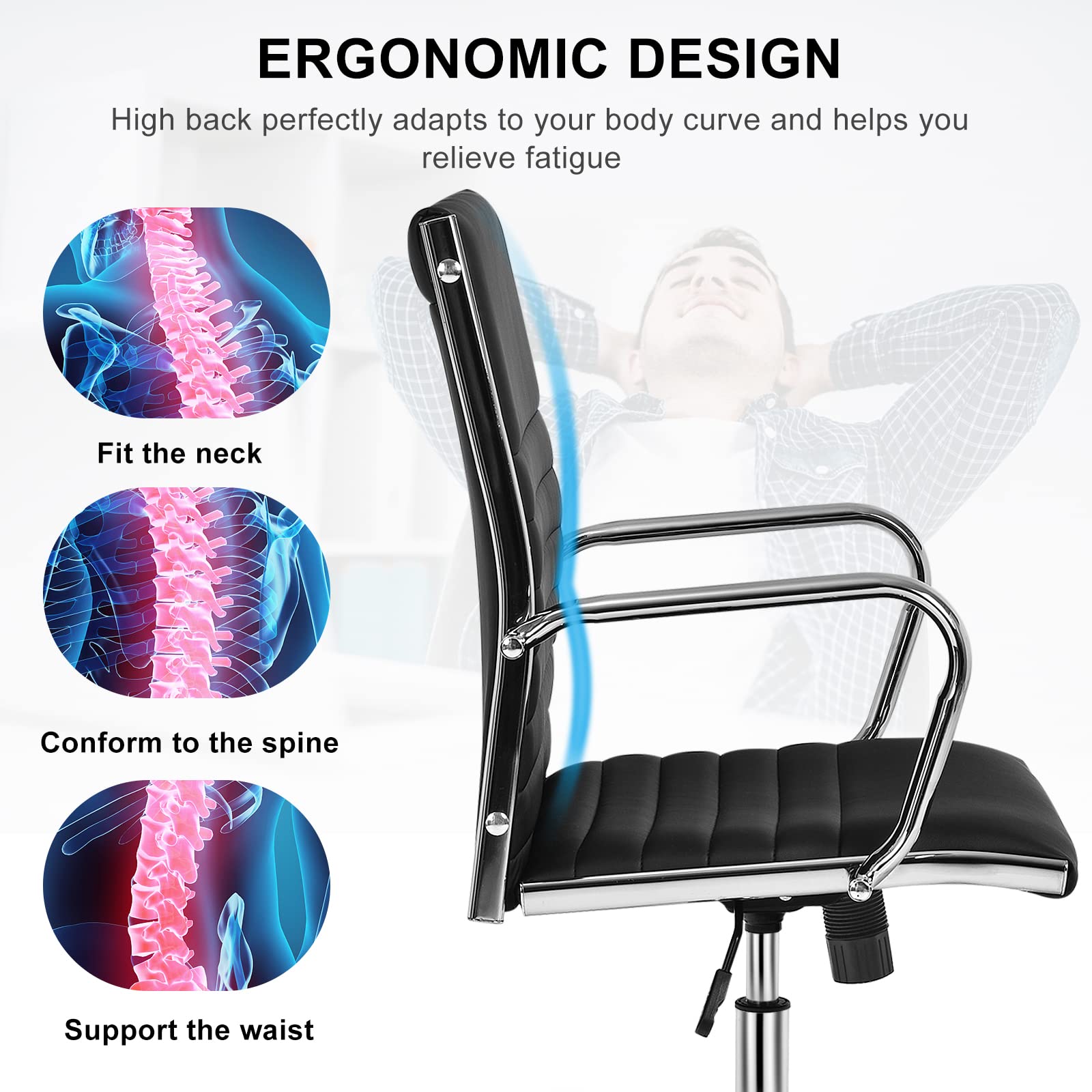 Ribbed Office Chair, Ergonomic Modern Leather Desk Chair with Adjustable Height & Arms, Swivel Mid Back Executive Conference Room Chairs