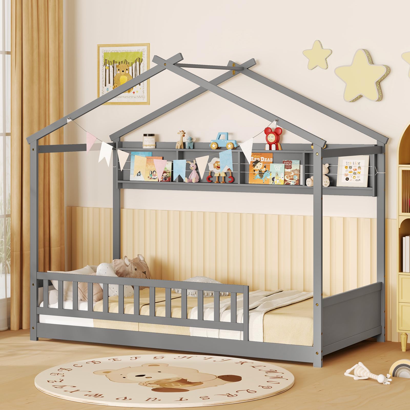 Twin Floor House Bed with Storage Shelf, Headboard & Guardrail