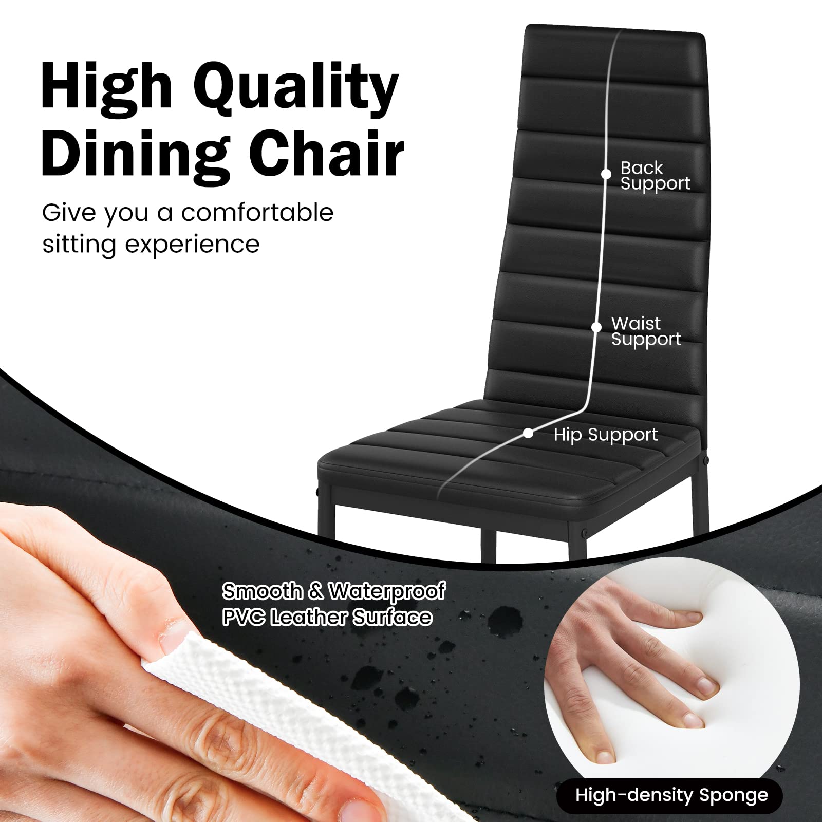 Black Polyvinyl Chloride Metal Dining Chair Set of 6 - Ergonomic High Back, Soft Padded Seat and Back