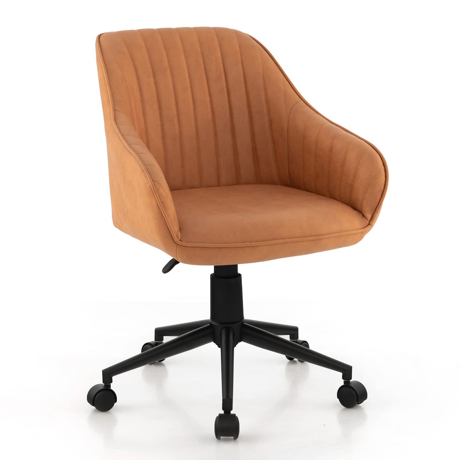 Leather Office Chair Brown, Mid Century Desk Chair with Wheels and Ergonomic Armrests