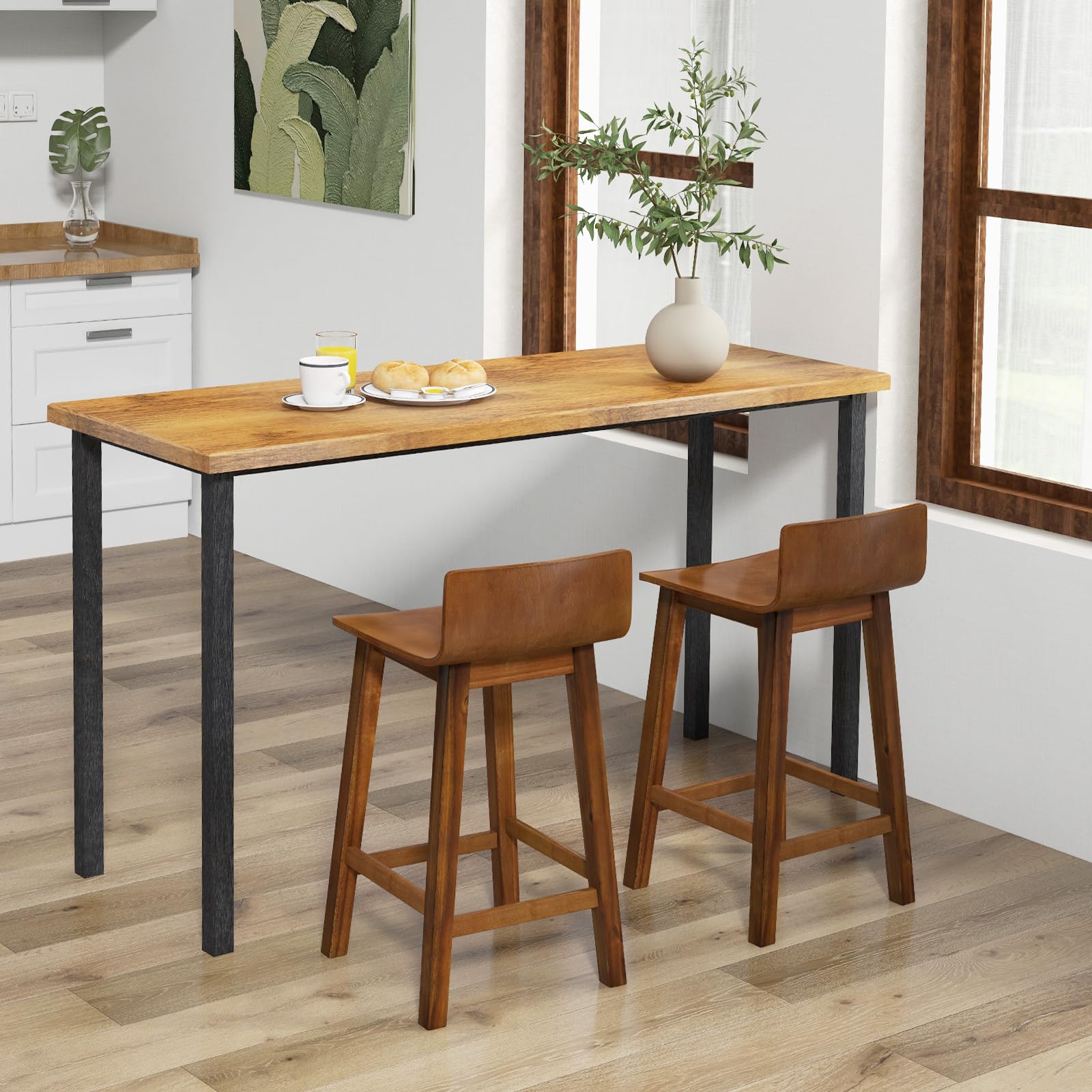 Solid Wood Bar Stools Set of 2/4, Counter Height Chairs with Low Back and Footrest