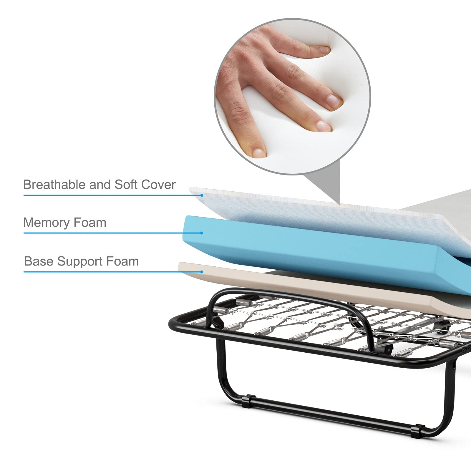 Portable Rollaway Bed with 4" Memory Foam Mattress for Adults and Guests
