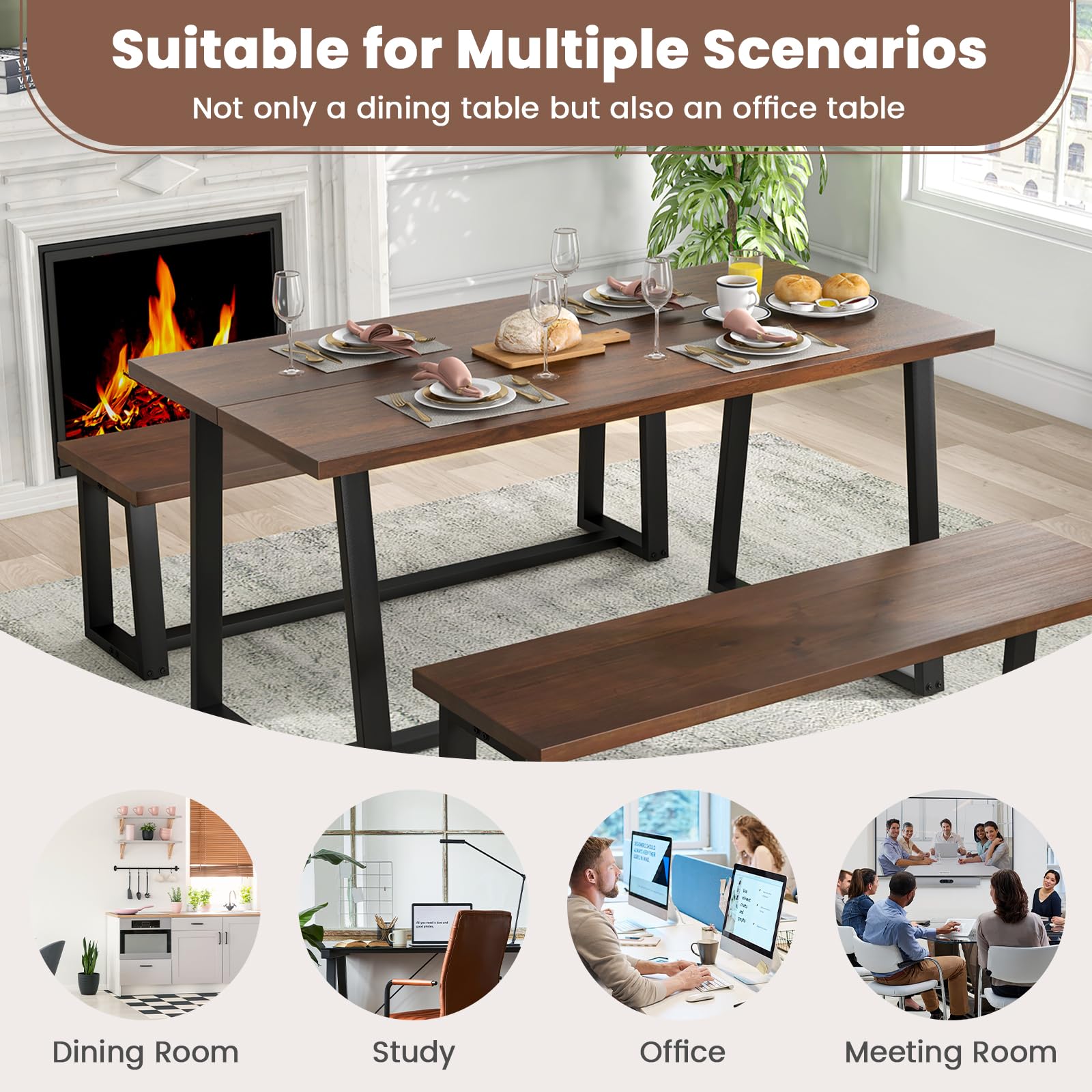 63" Rectangular Large Dining Table for 4-6, Mid-Century Kitchen Table w/Heavy-Duty Metal Frame
