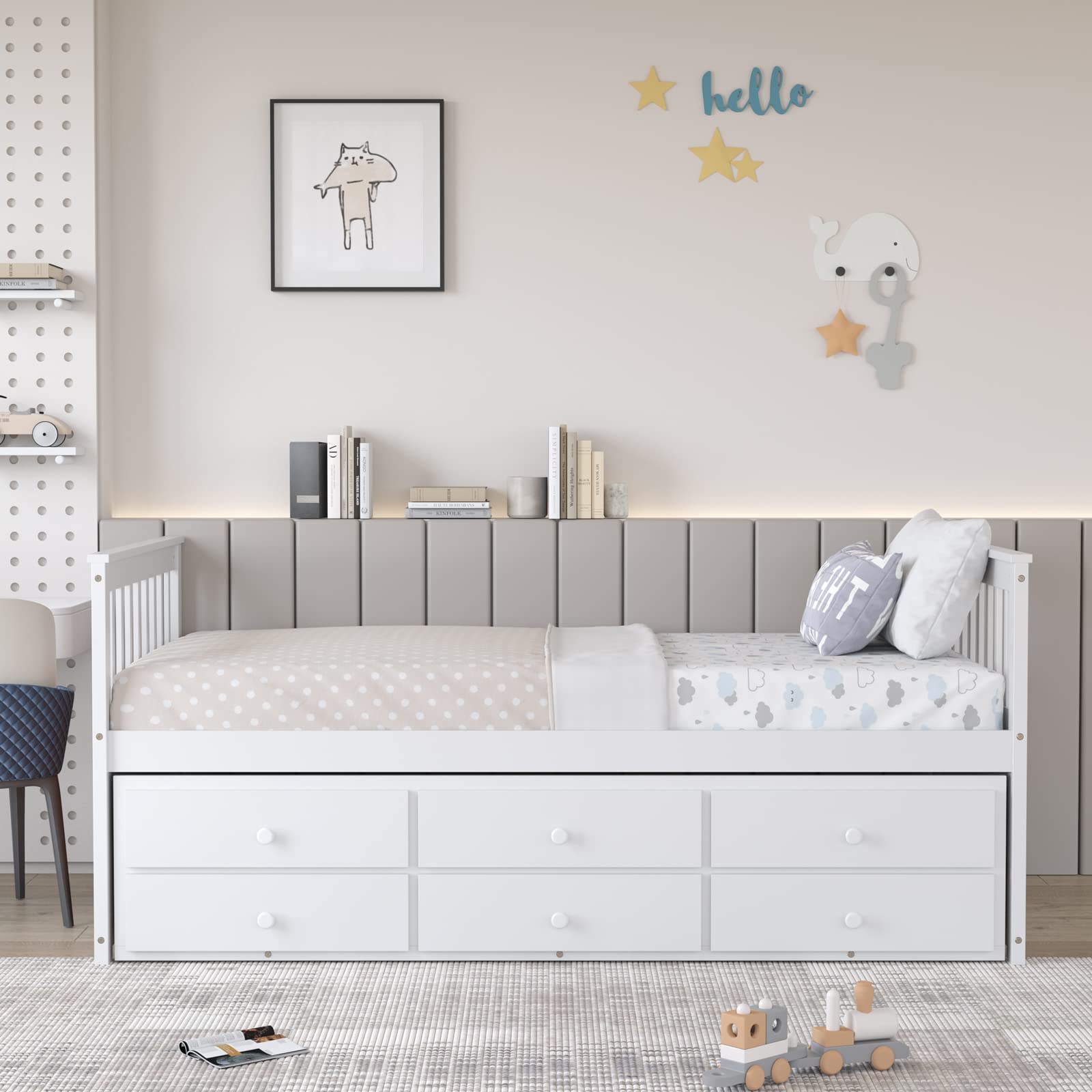 Twin Size Wooden Captain Daybed with Trundle and 3 Storage Drawers