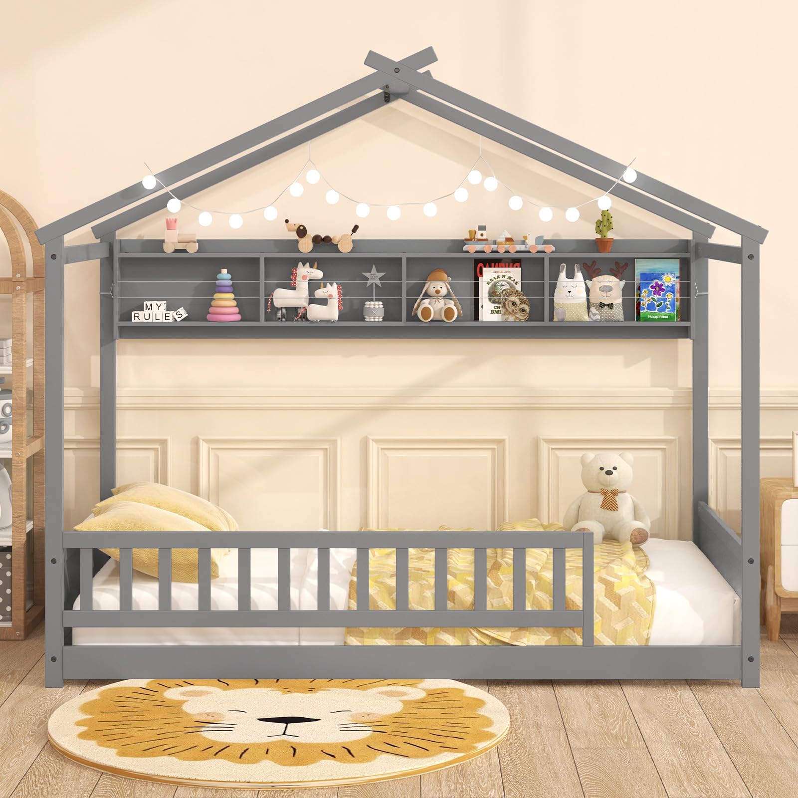Twin Floor House Bed with Storage Shelf, Headboard & Guardrail