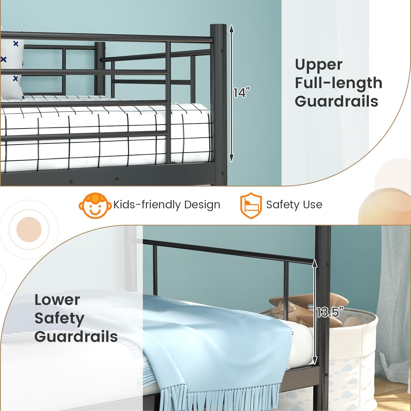 Twin Over Twin Metal Bunk Bed with Ladder & Full-Length Guardrails