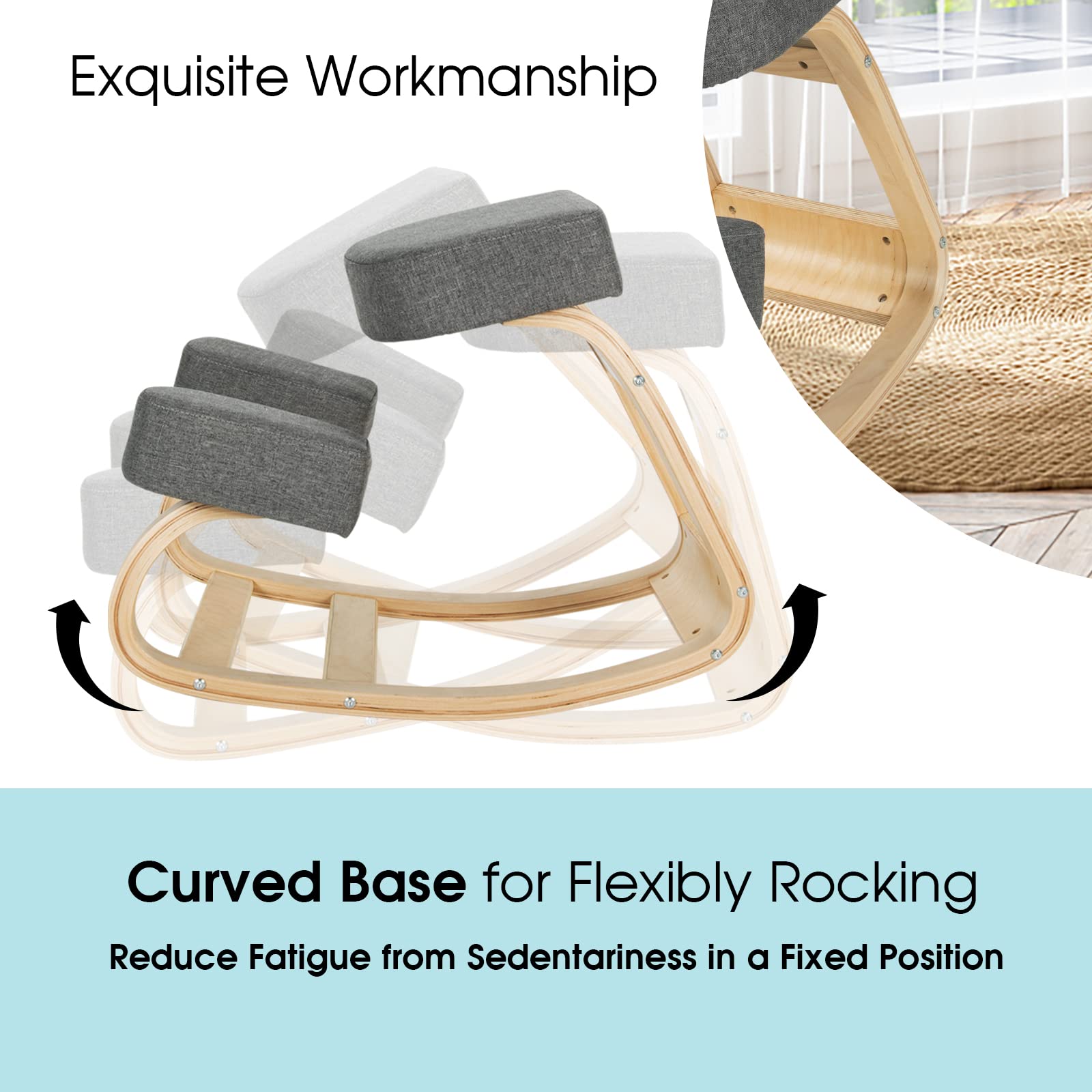 Kneeling Chair, Wood Posture Chair, Max Load 330 Lbs, Rocking Knee Chair with Soft Cushion