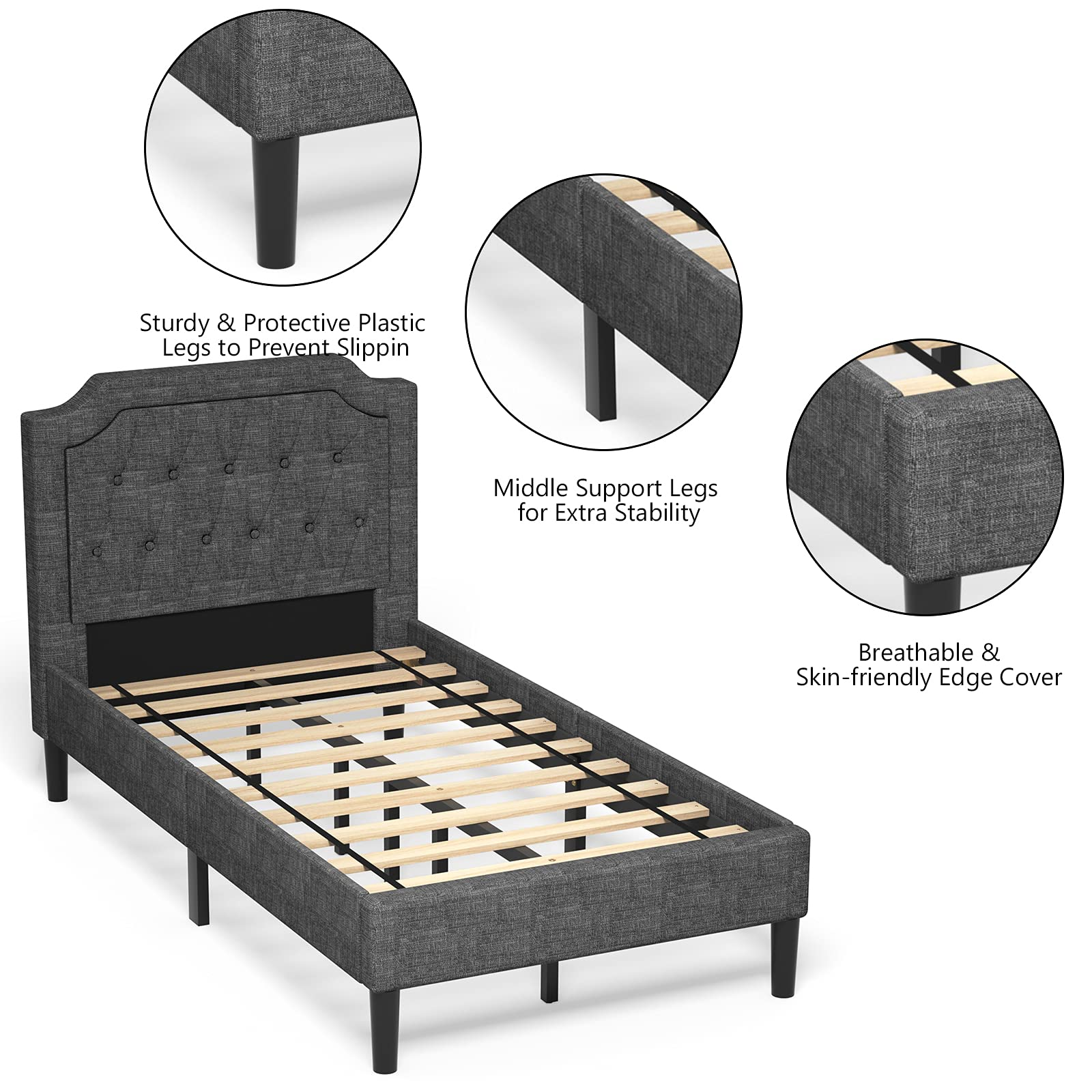 Twin Size Upholstered Bed Frame with Button Stitched Headboard