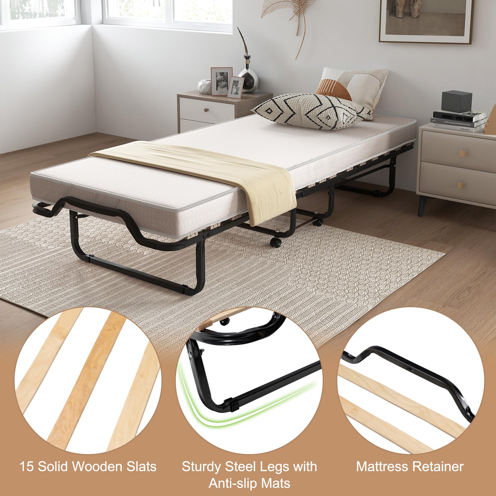 Twin Size Folding Rollaway Bed with Mattress for Adults