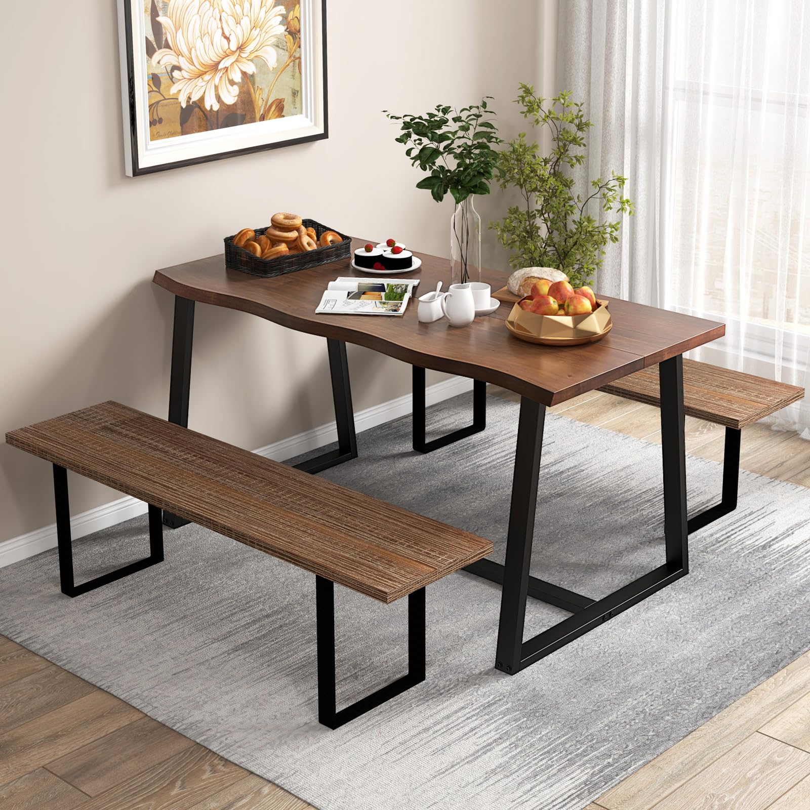 63" Rectangular Large Dining Table for 4-6, Mid-Century Kitchen Table w/Heavy-Duty Metal Frame